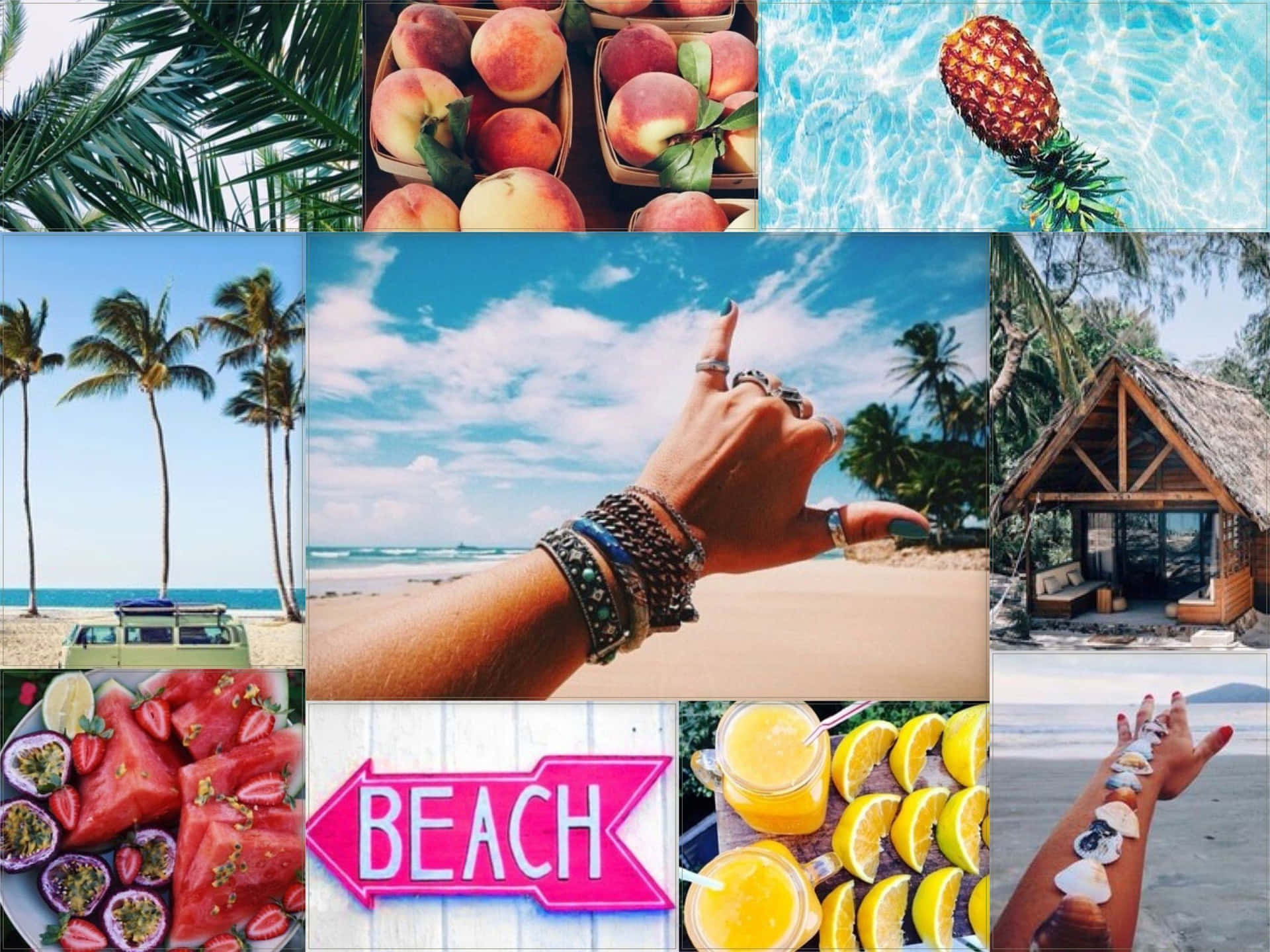 beach, palm trees, peaches, Full HD Desktop Wallpaper