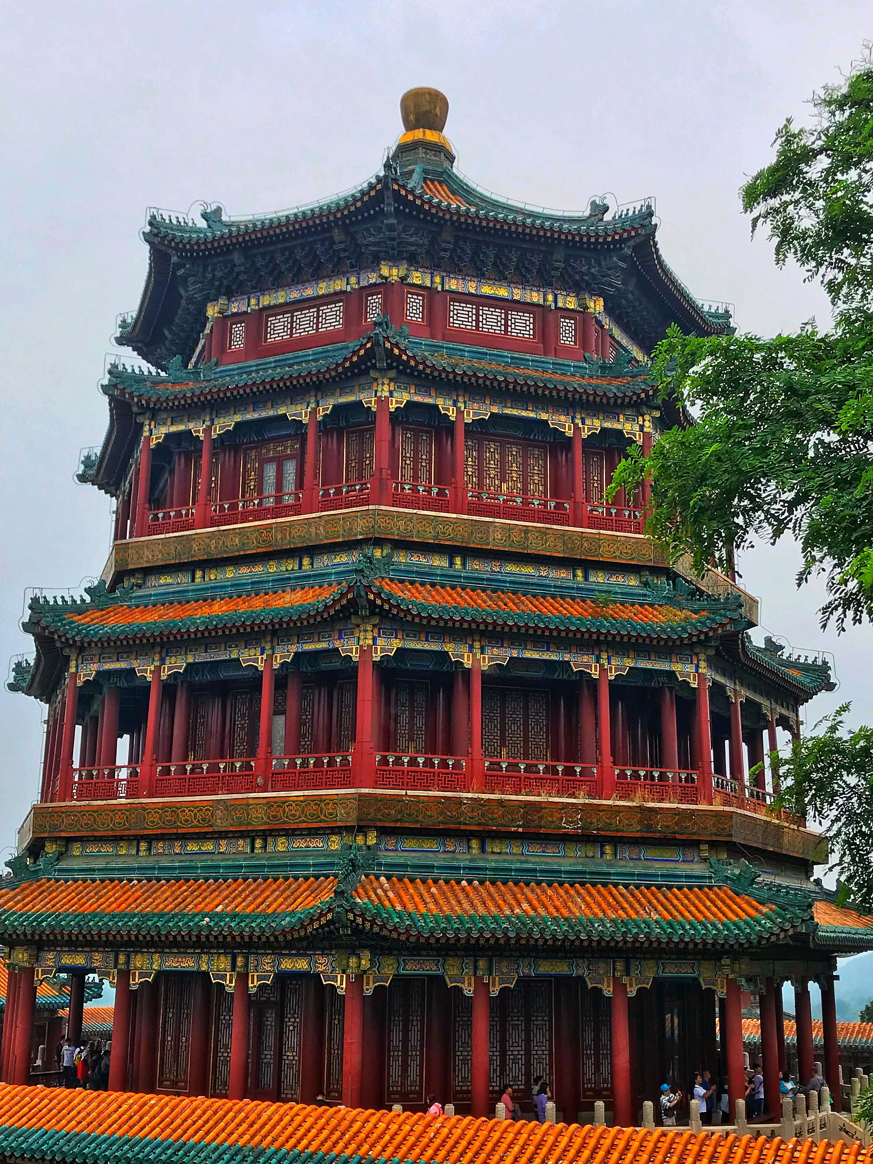 Summer Palace, red pillars, orange-green tiled roofs, 4K Phone Wallpaper