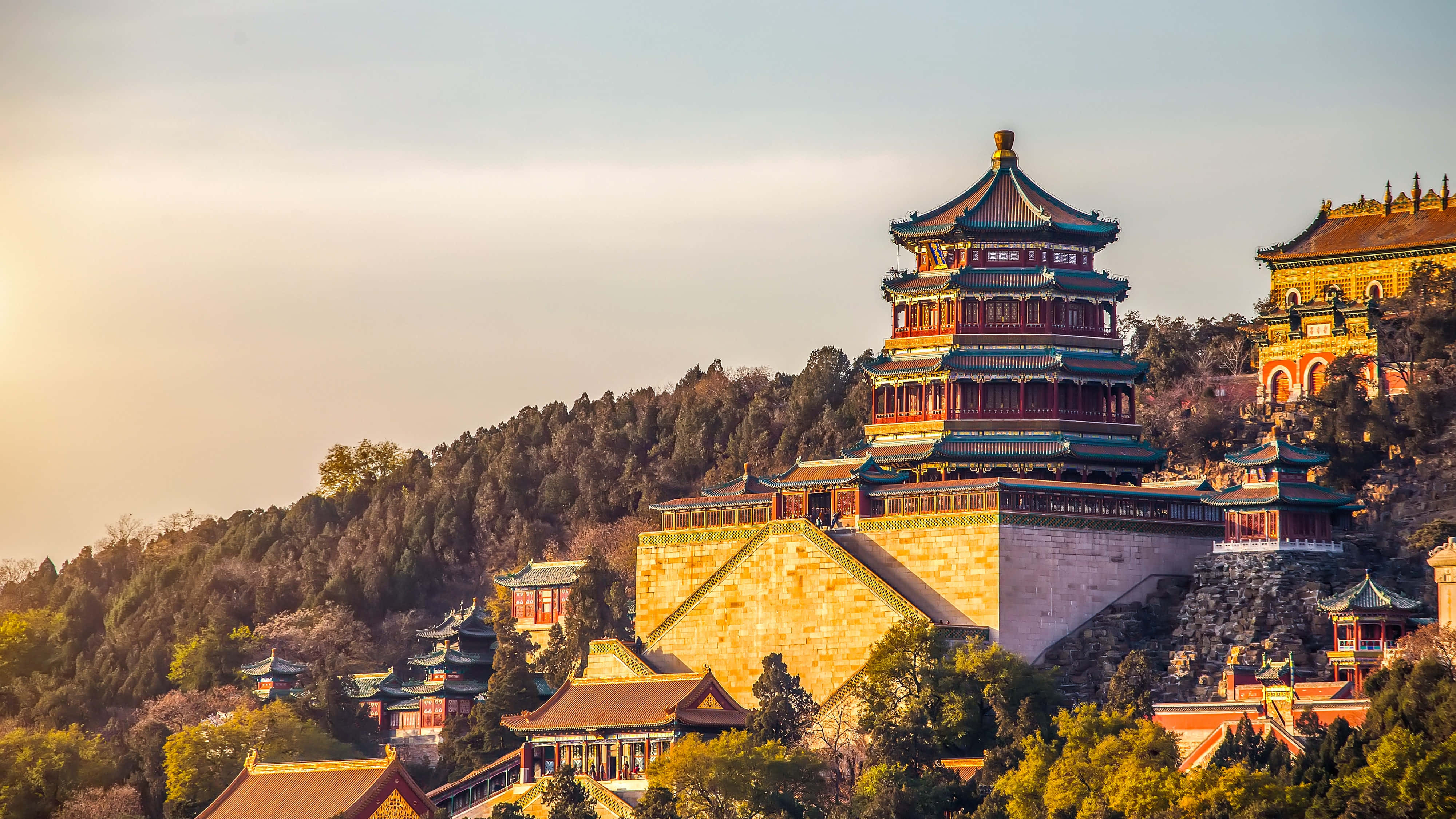Summer Palace, traditional Chinese pagoda, tiered roofs, 4K Desktop Wallpaper