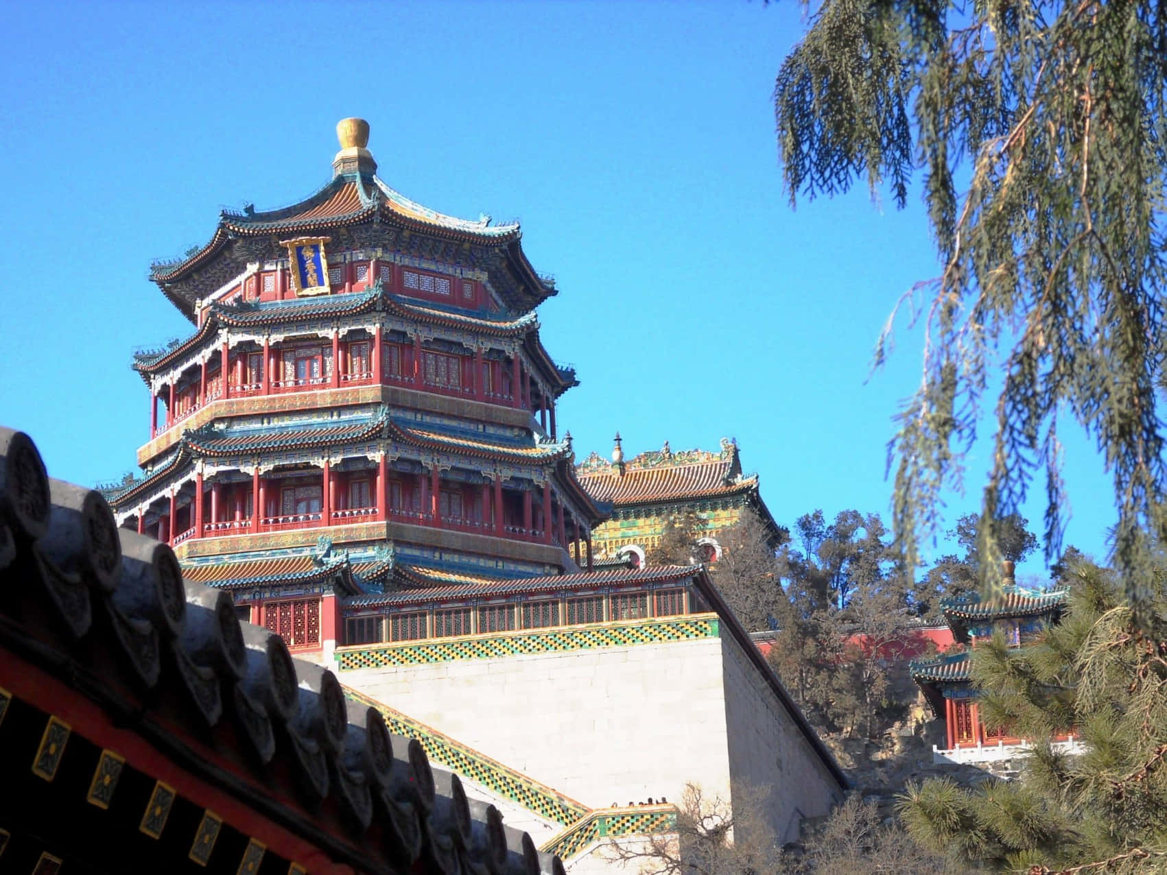 Summer Palace, red pillars, blue tiled roofs, HD Desktop Wallpaper
