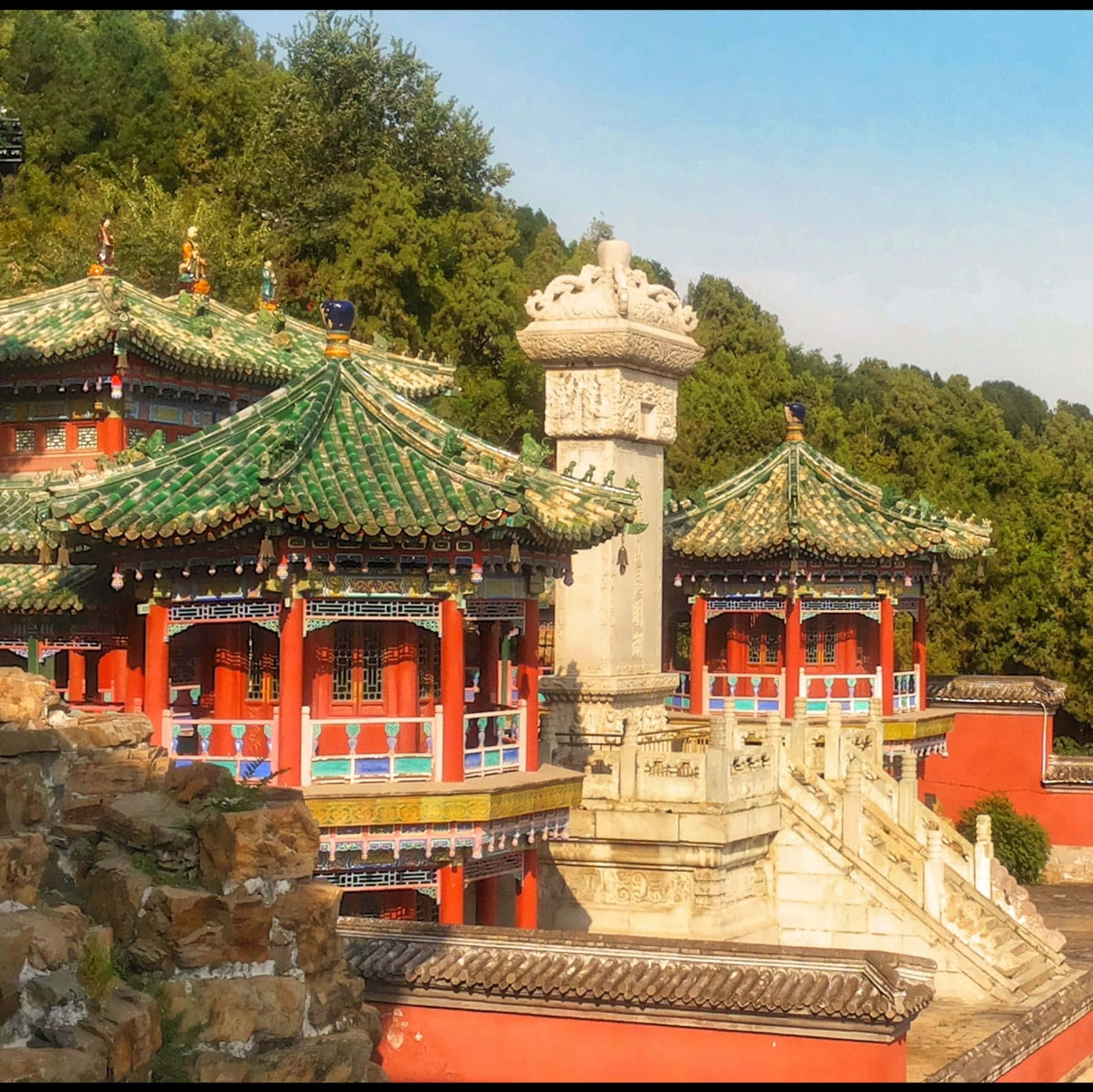 Summer Palace, green tiled roofs, red pillars, HD Desktop Wallpaper