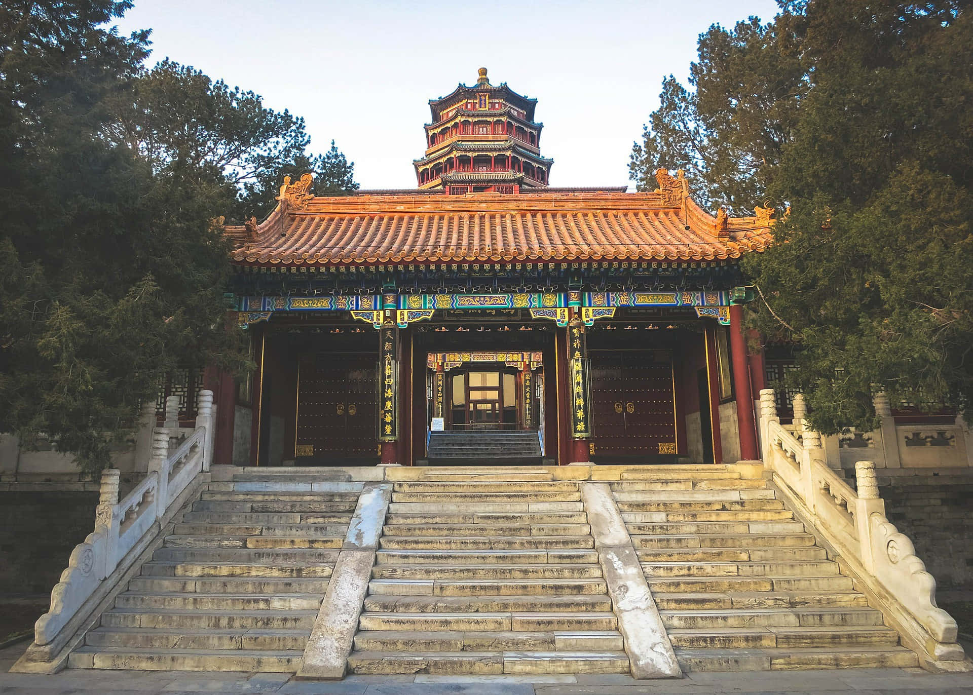 Summer Palace, traditional Chinese temple, ornate red and gold roof tiles, Full HD Desktop Wallpaper