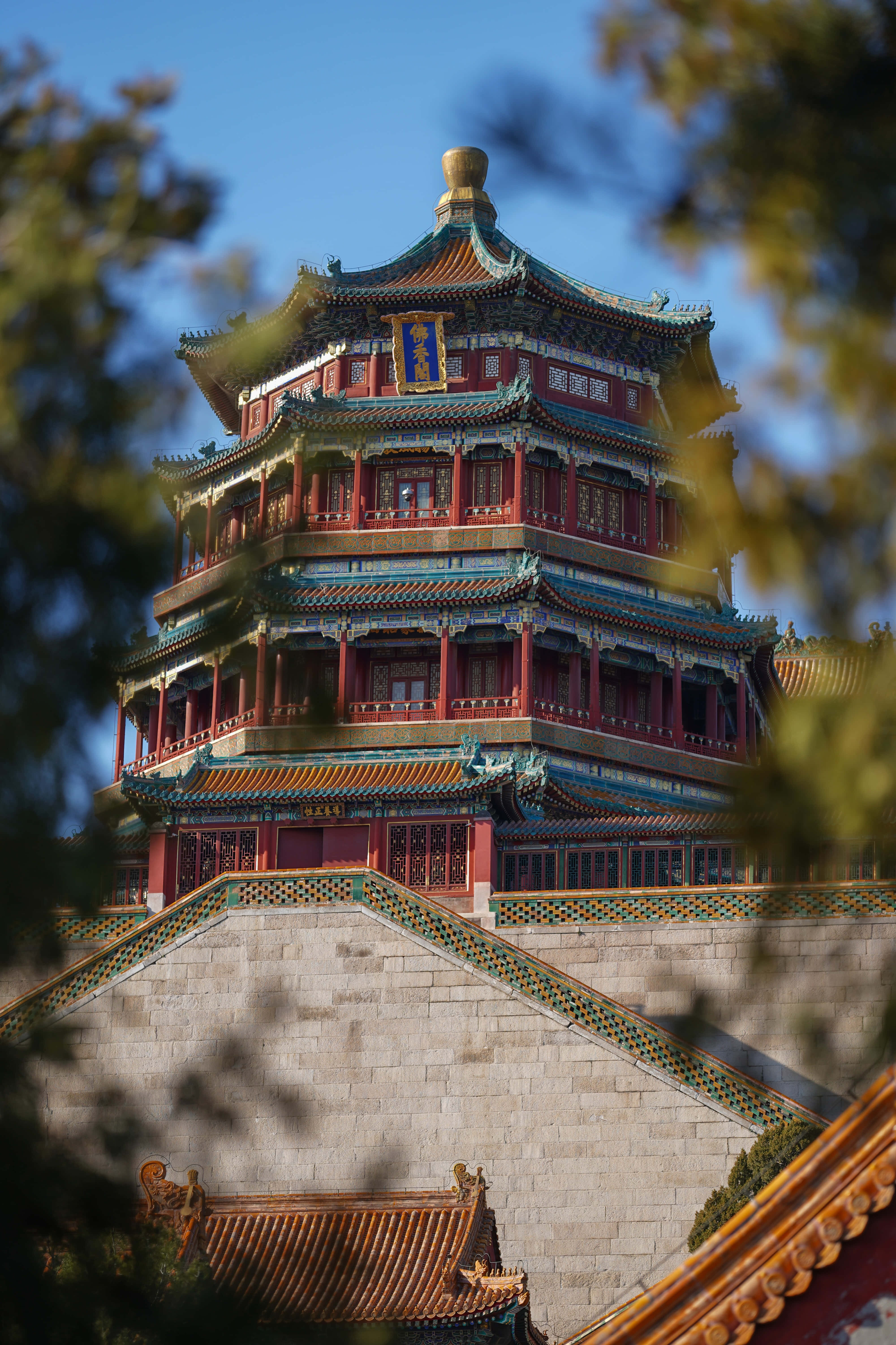Summer Palace, traditional Chinese pagoda, red walls, 5K Phone Wallpaper