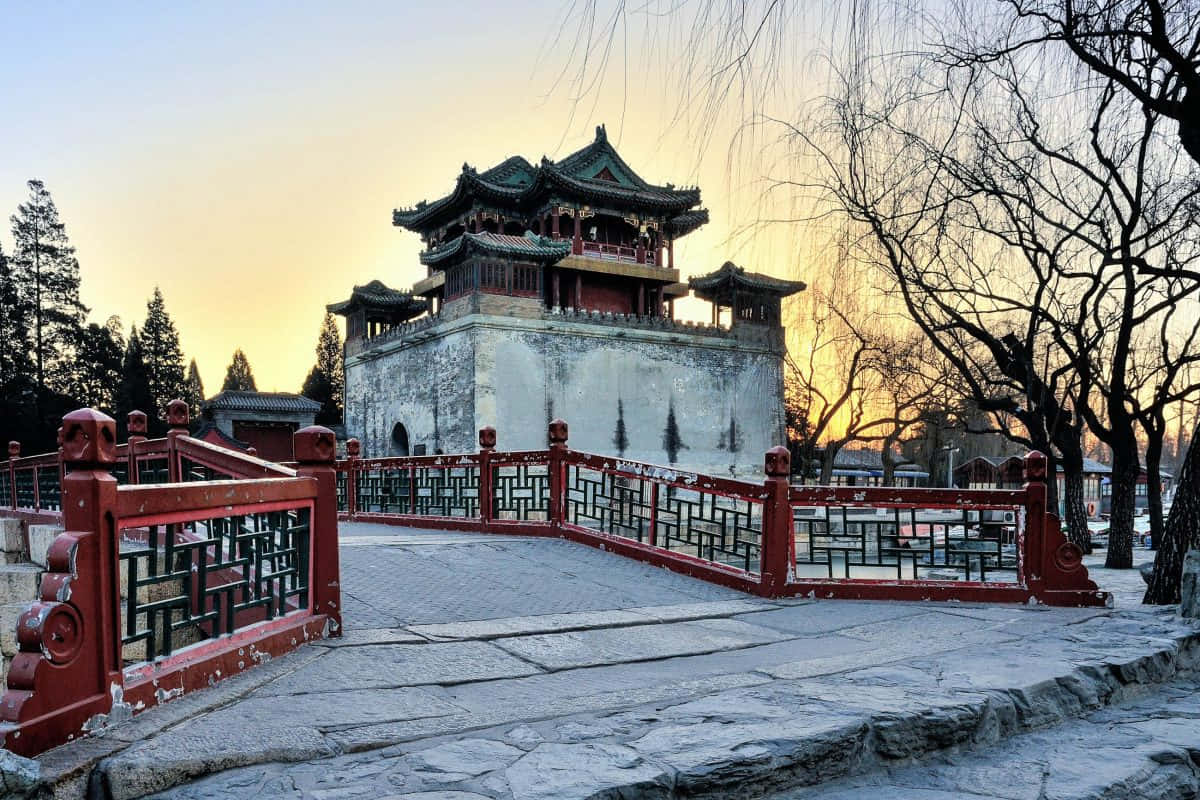 Summer Palace, wooden handrail, stone bridge, SD Desktop Wallpaper