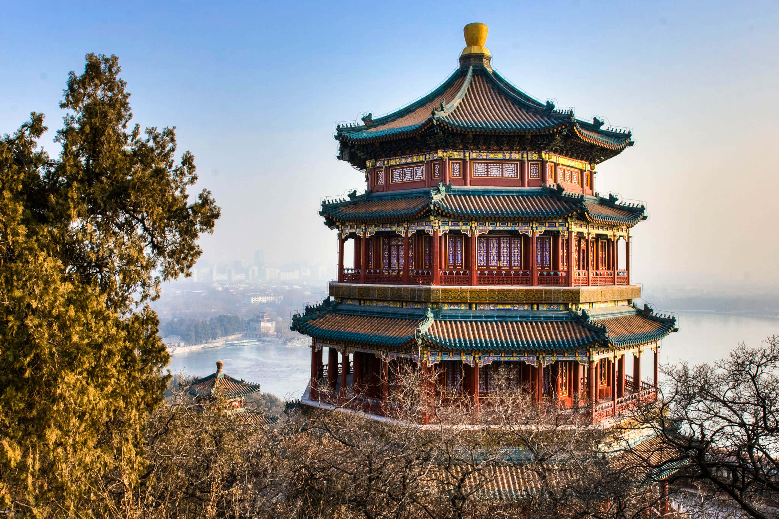 Summer Palace, traditional Chinese pagoda, red pillars, 2K Desktop Wallpaper