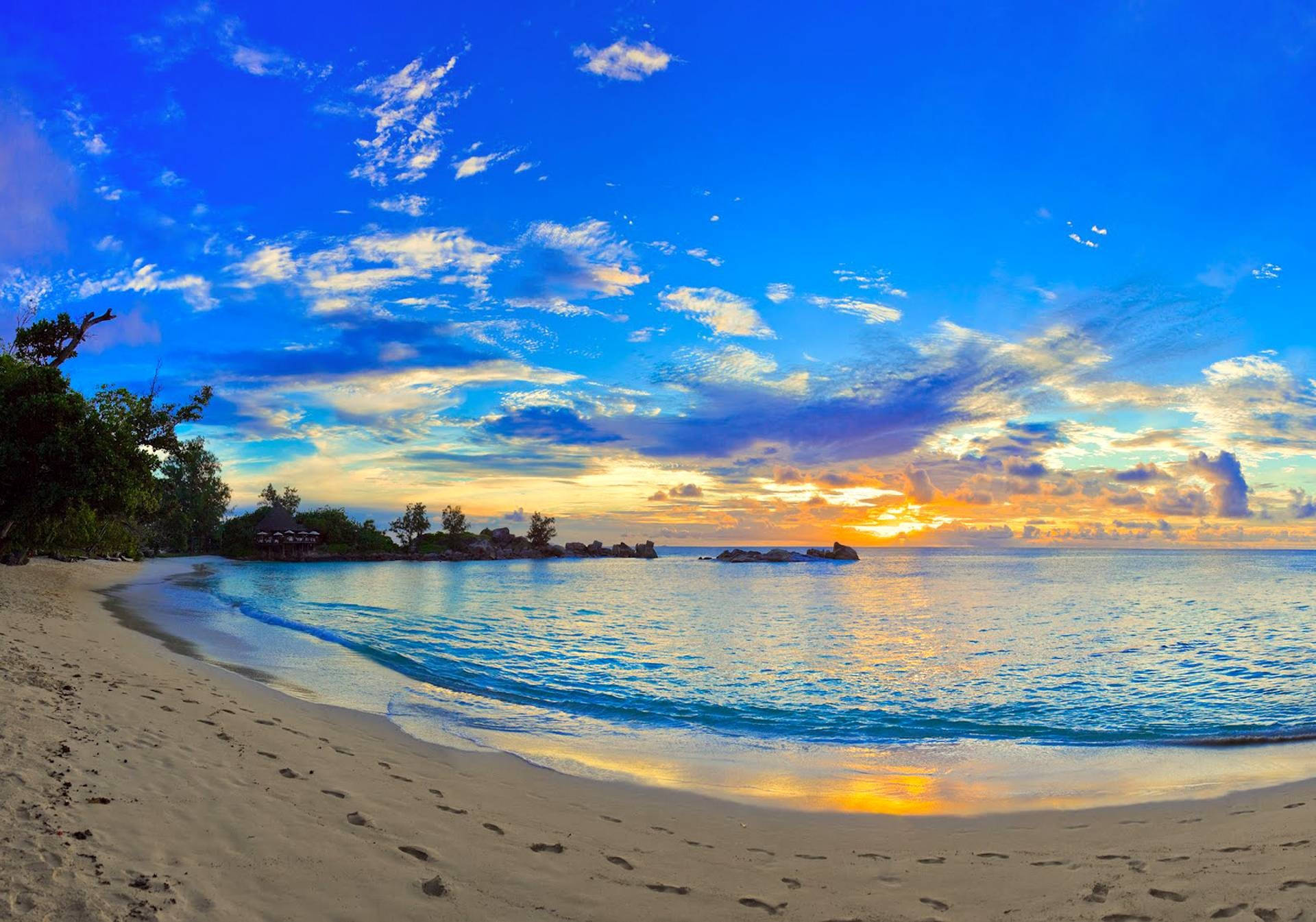 tropical beach, sunset, fiery orange, Full HD Desktop Wallpaper