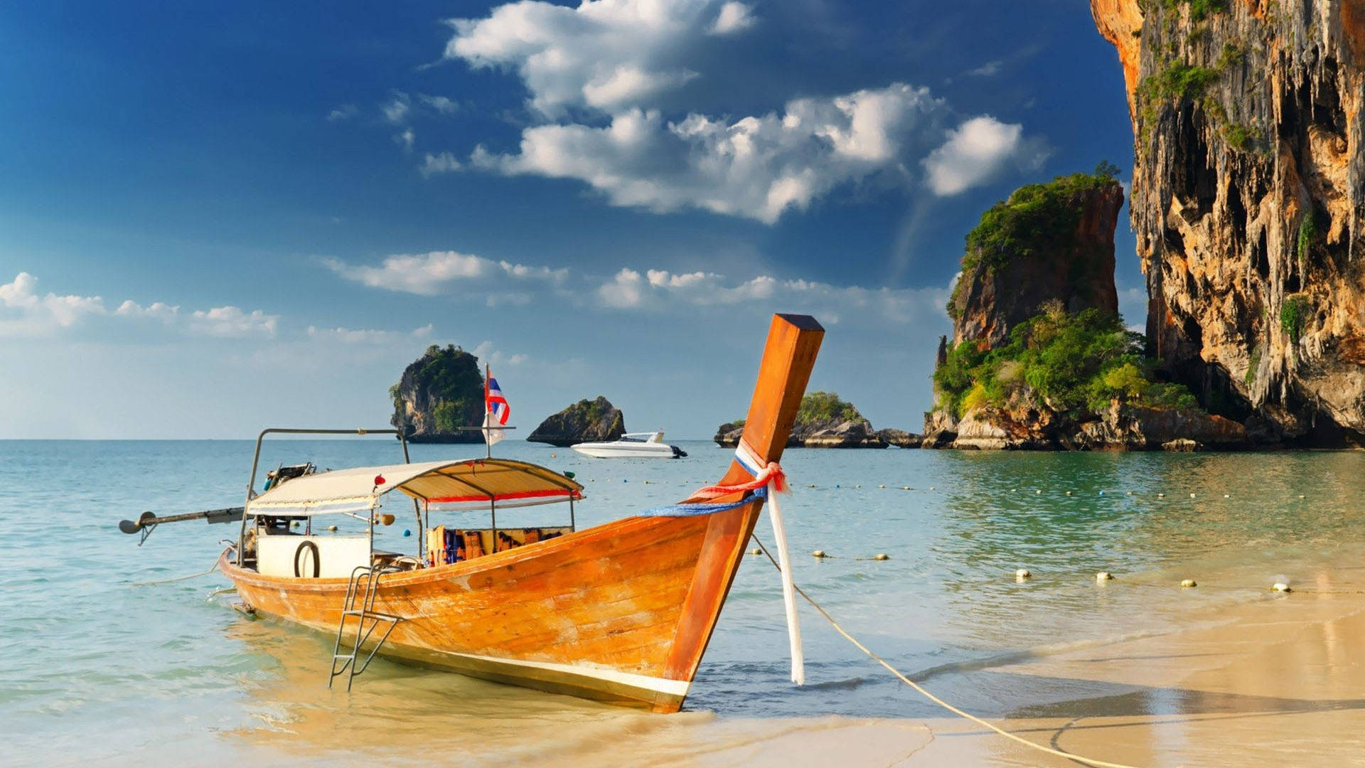 tropical island, longtail boat, turquoise waters, Full HD Desktop Wallpaper