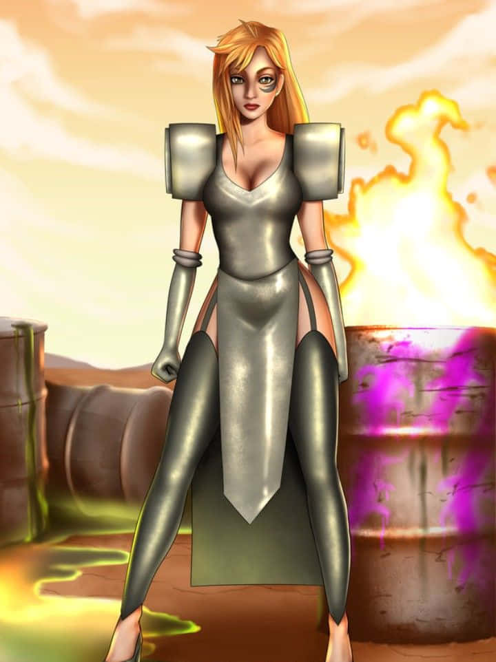 Summer Smith, silver armored bodysuit, burning barrels, SD Phone Wallpaper