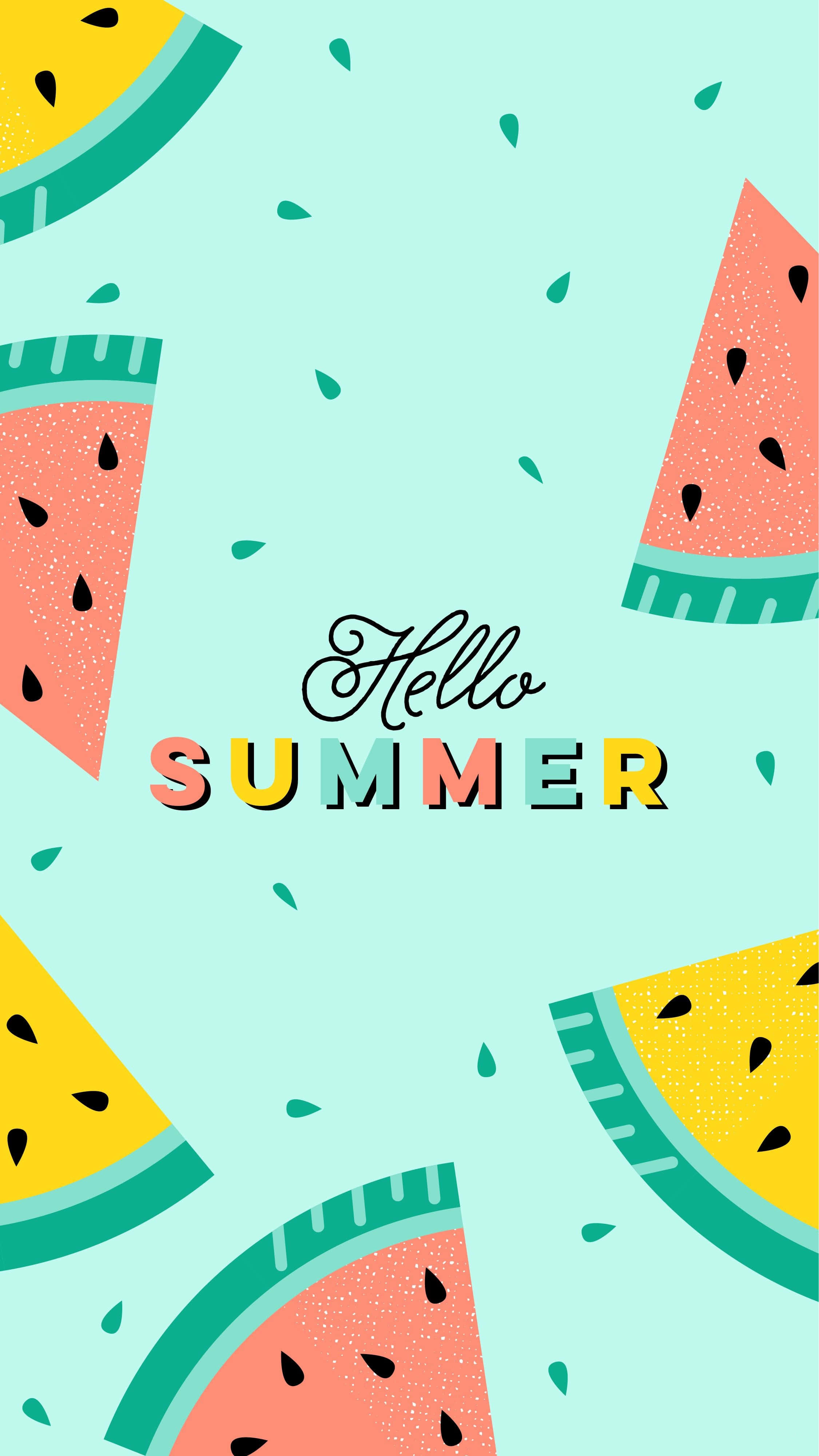 watermelon slices, mint background, Hello SUMMER, 4K Phone Wallpaper