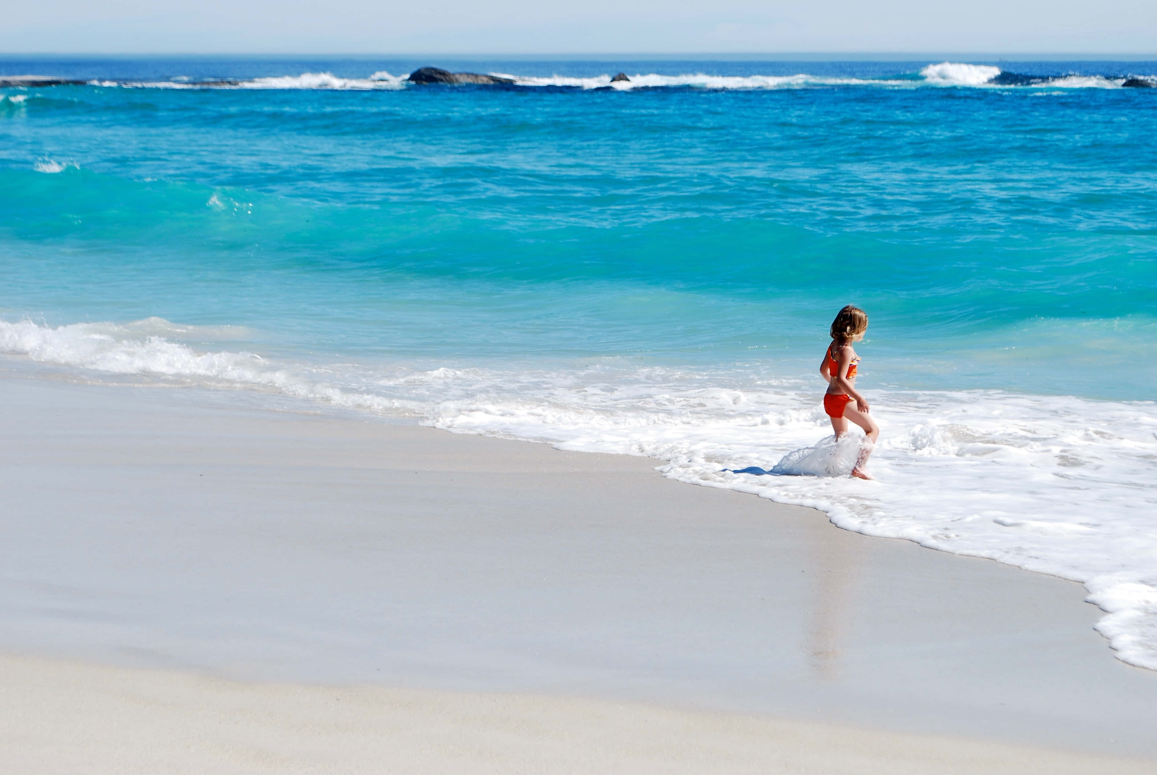 summer vacation, red swimsuit, turquoise ocean waves, 2K Desktop Wallpaper