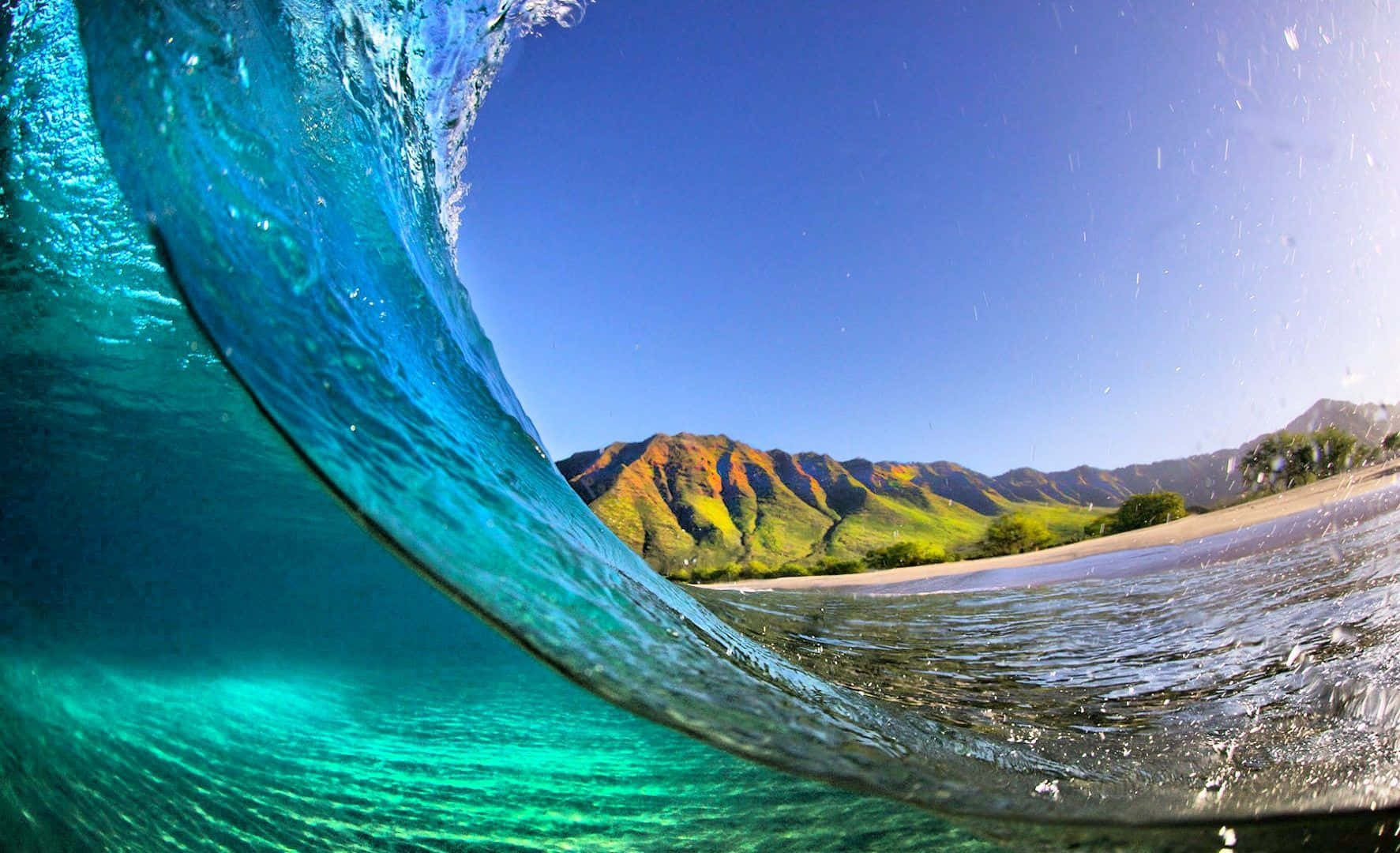 turquoise wave, sunlit tropical beach, lush green mountains, HD Desktop Wallpaper