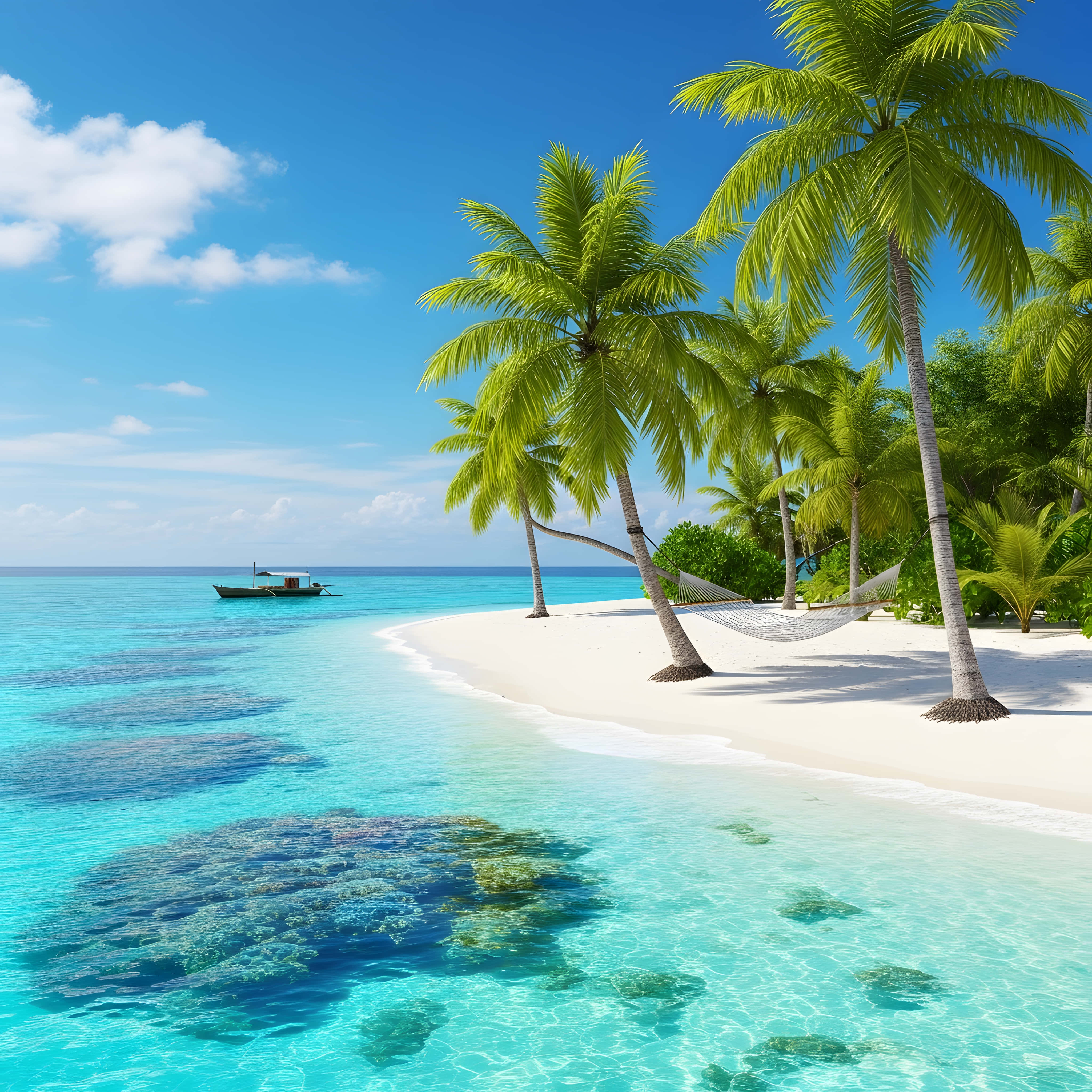tropical paradise beach, palm trees, clear blue water, 4K Desktop Wallpaper
