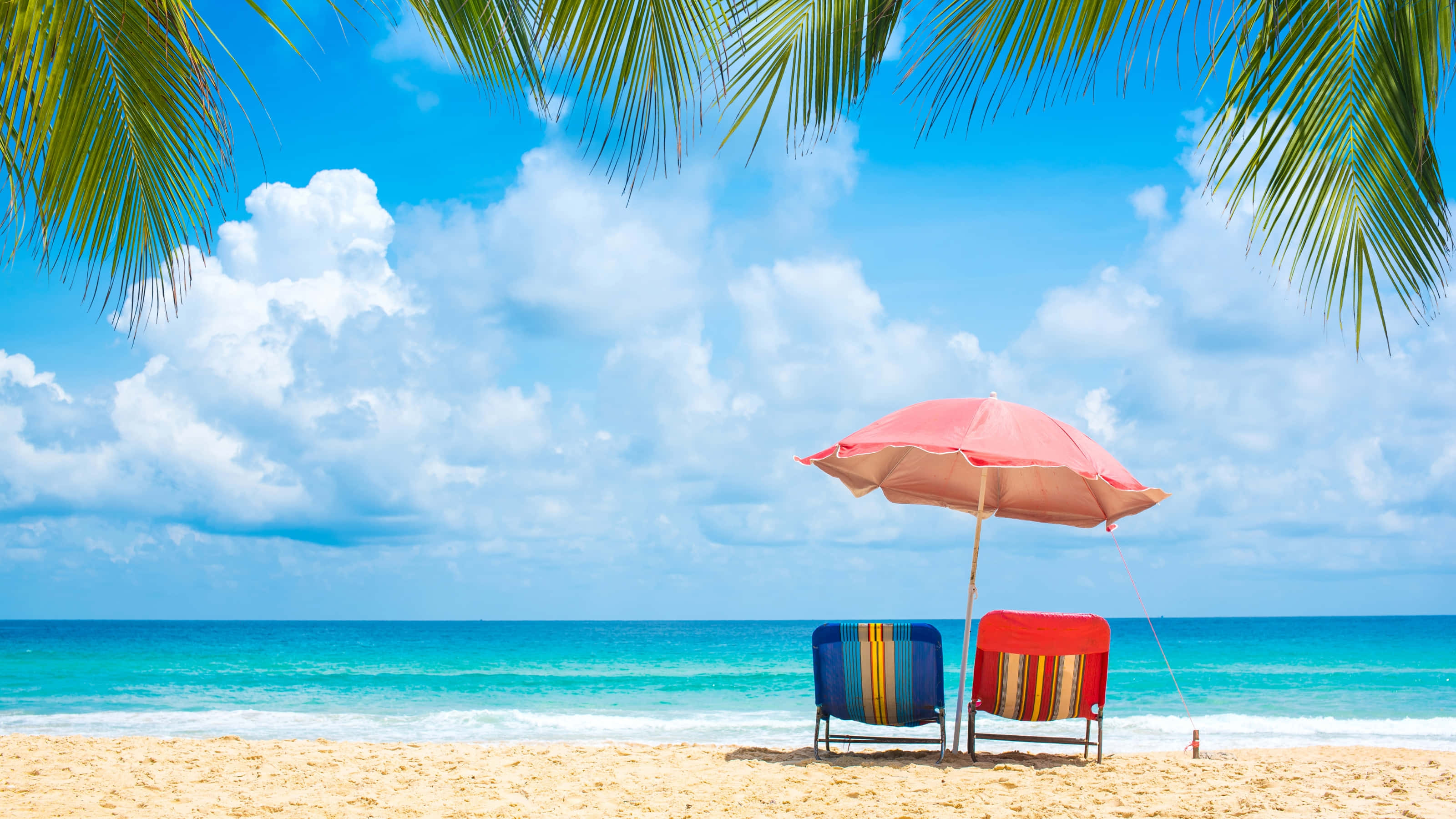 tropical beach chairs, pink umbrella, golden sand, 2K Desktop Wallpaper