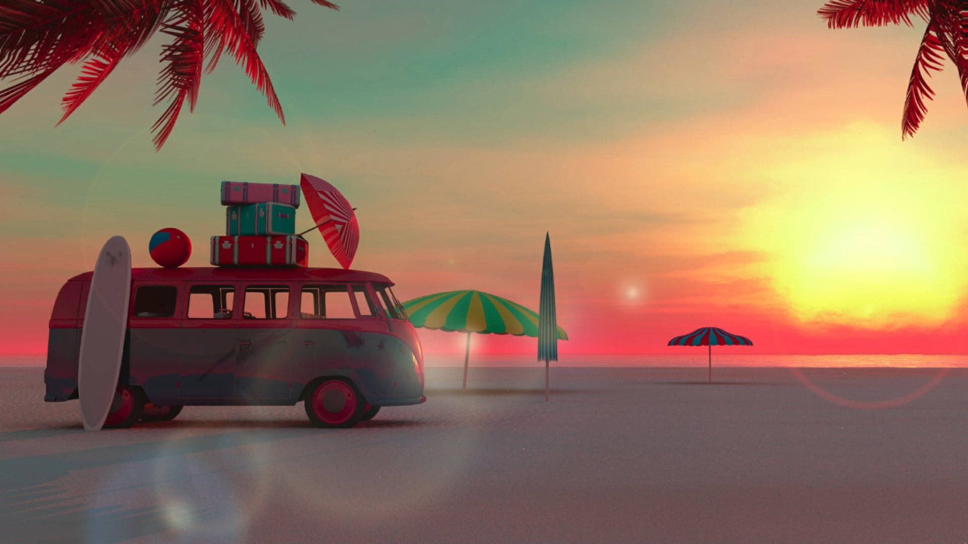 beach bum van, summer vibes, sandy beach, Full HD Desktop Wallpaper
