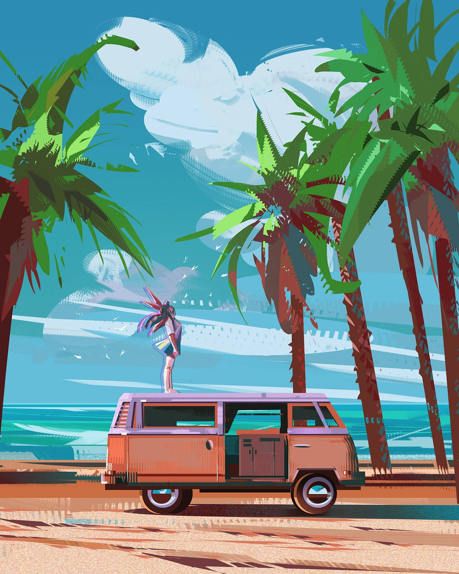anime-style illustration, girl, retro van, HD Phone Wallpaper