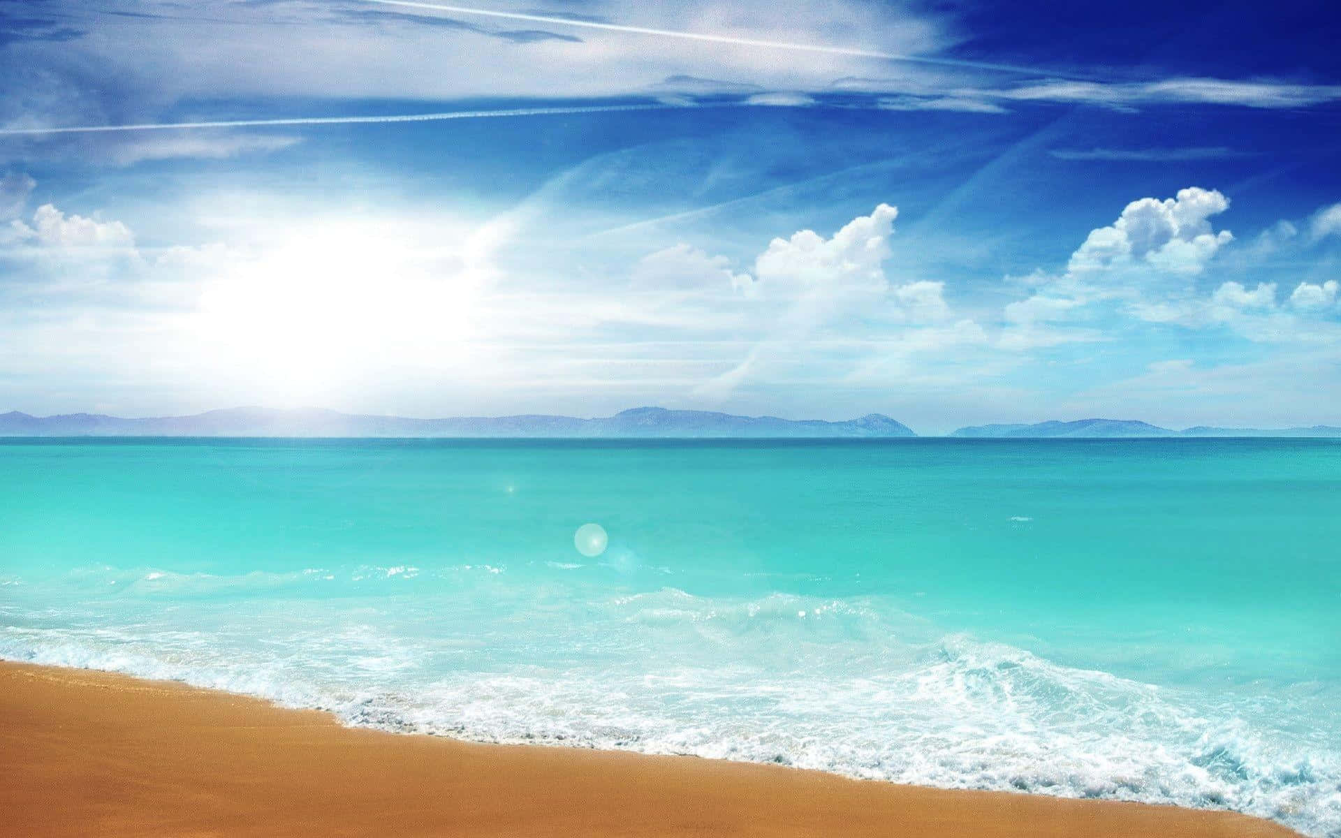 turquoise waves, golden sand, vast blue sky, Full HD Desktop Wallpaper