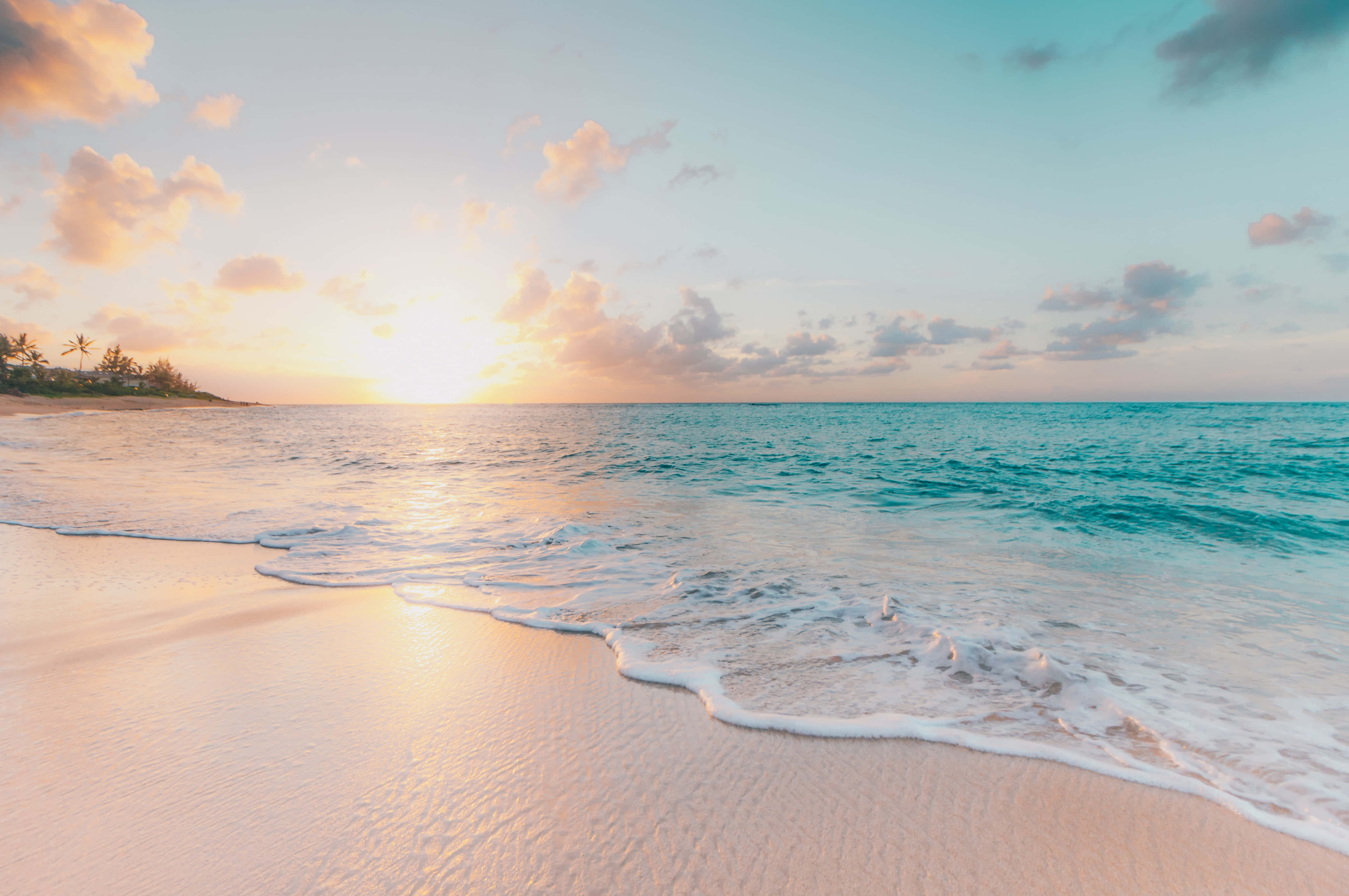Sunset, golden sky, soft blues, 4K Desktop Wallpaper