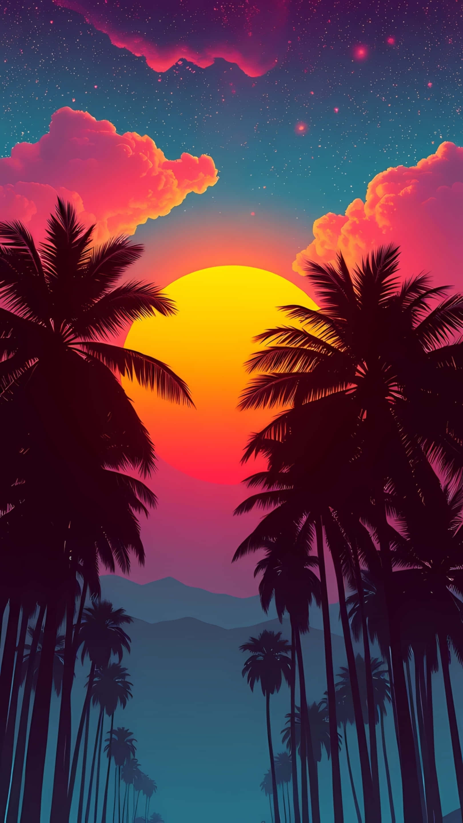 palm trees, colorful sunset, glowing sun, 2K Phone Wallpaper