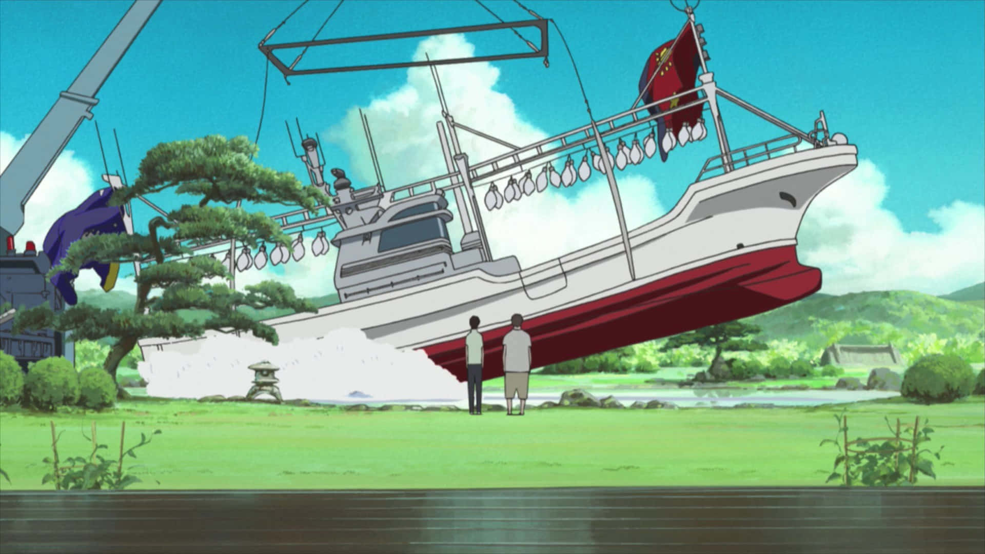 Summer Wars, red and white fishing boat, grassy field, Full HD Desktop Wallpaper