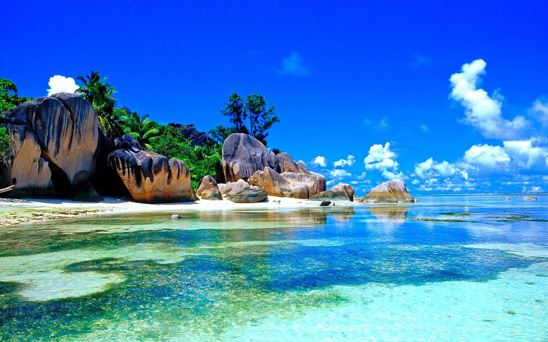 turquoise waters, white sand beach, giant boulders, Full HD Desktop Wallpaper