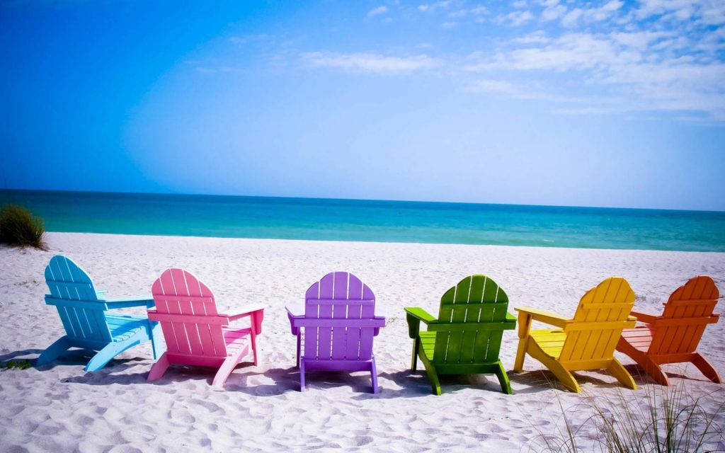 Adirondack chairs, pristine white sandy beach, turquoise ocean, SD Desktop Wallpaper