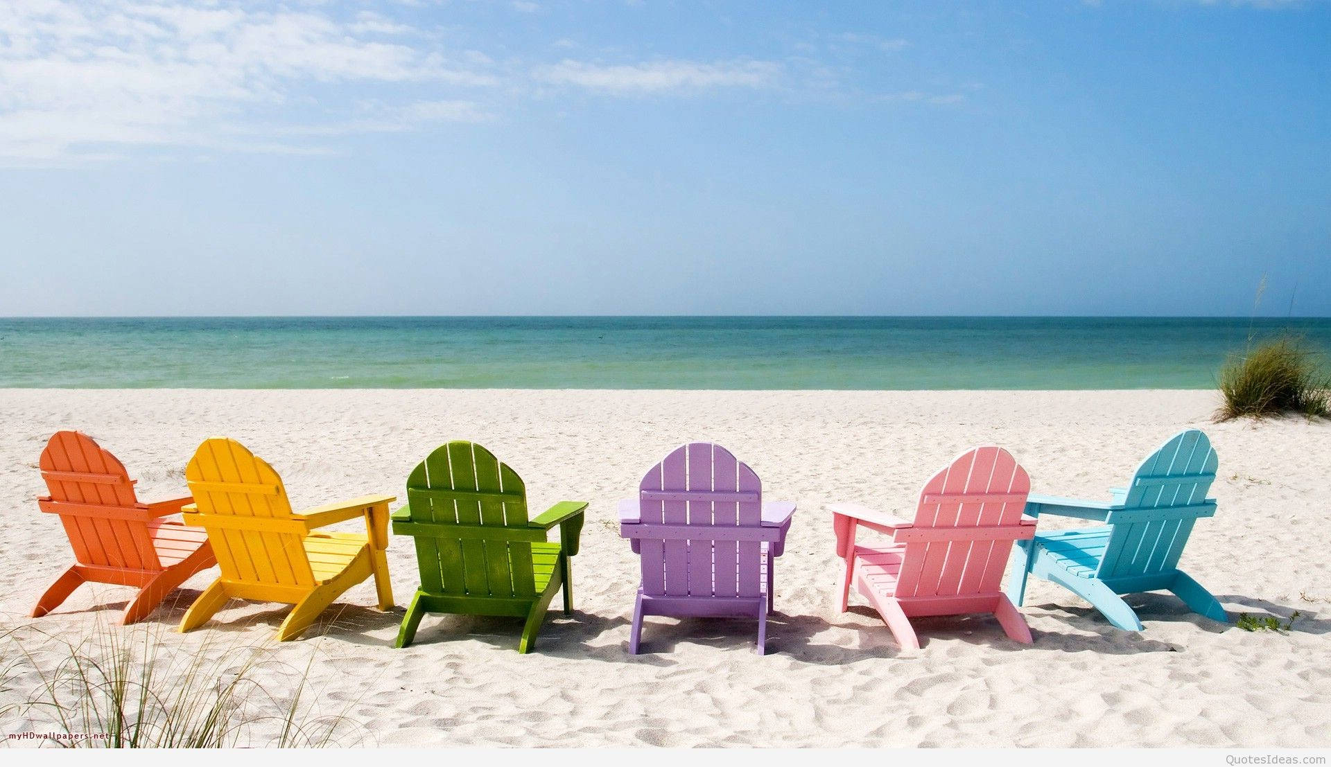 Adirondack chairs, white sandy beach, turquoise ocean, Full HD Desktop Wallpaper