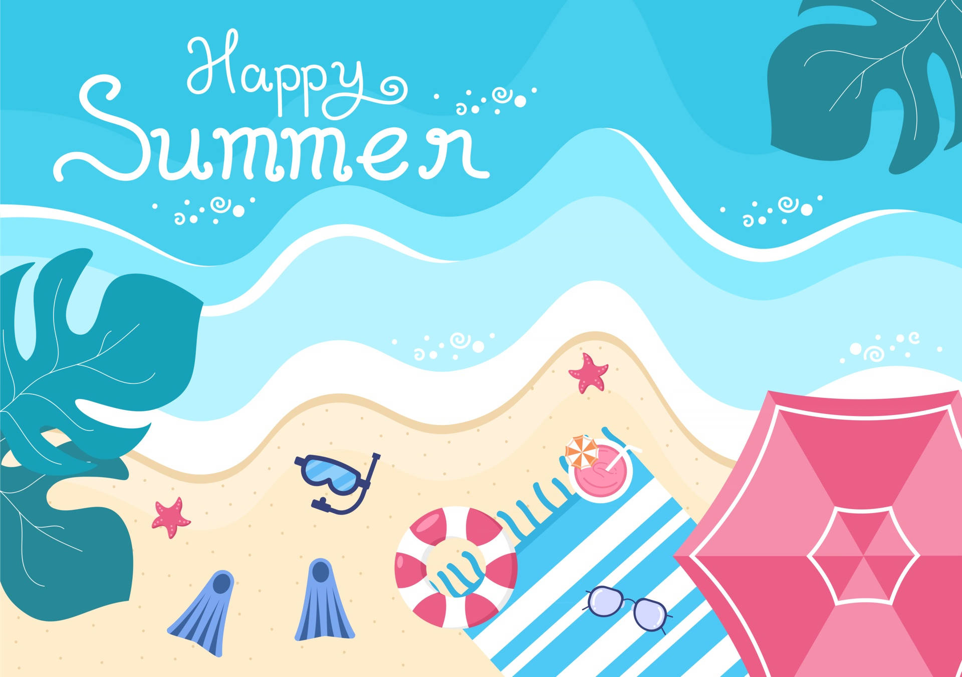pink umbrella, striped towel, lifebuoy, Full HD Desktop Wallpaper