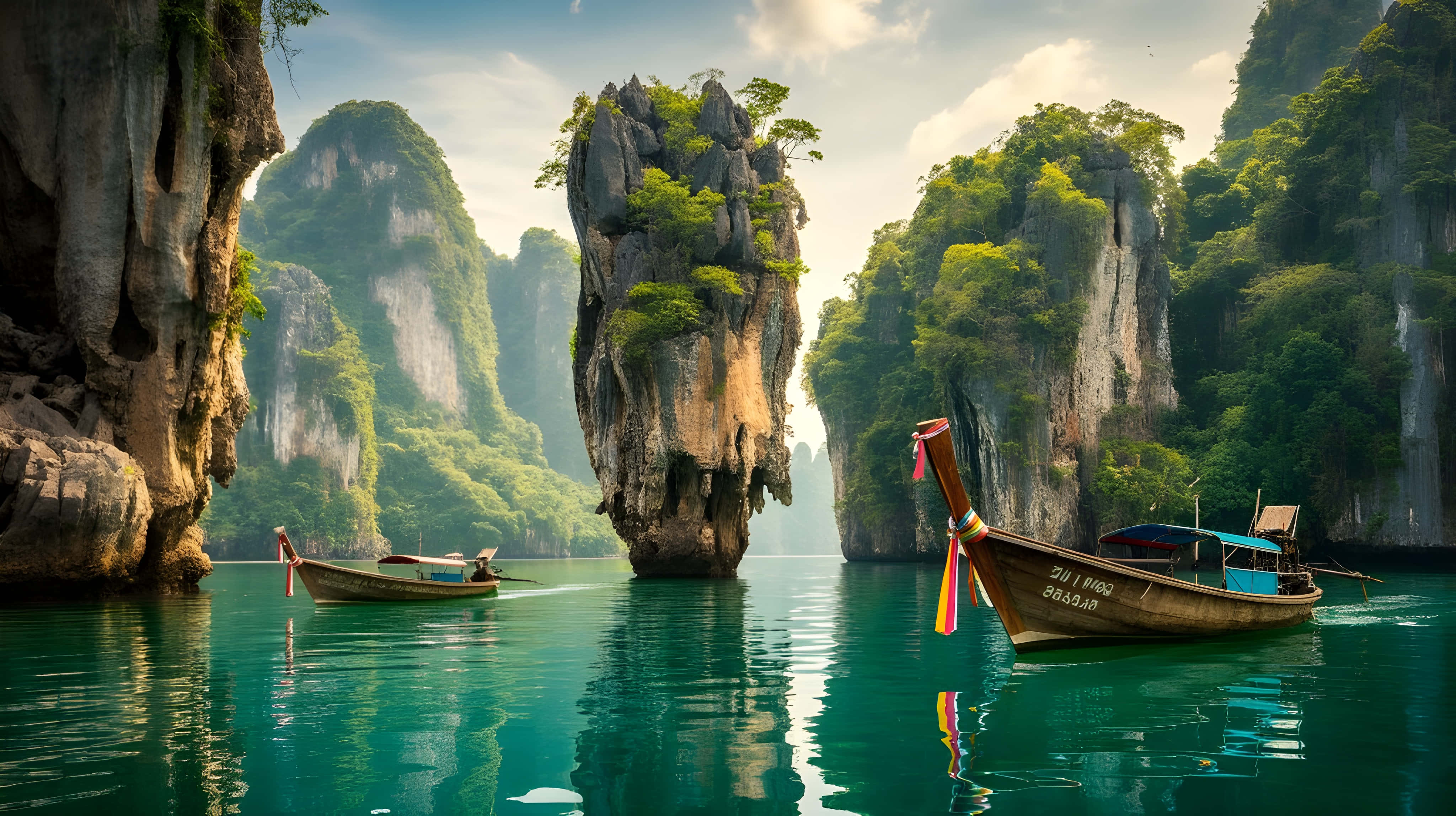 longtail boats, turquoise waters, towering limestone cliffs, 4K Desktop Wallpaper