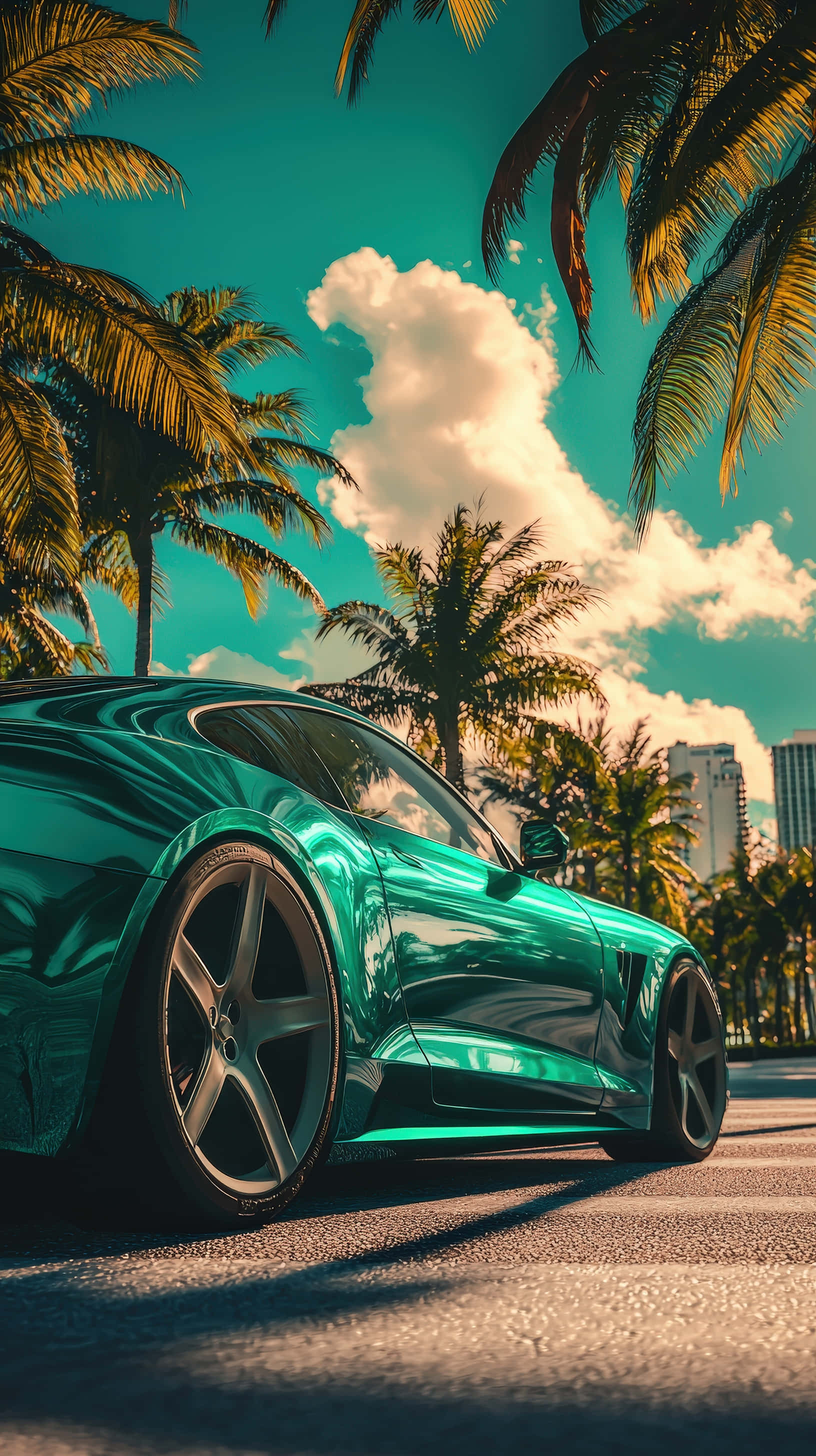 glossy teal sports car, palm trees, vibrant turquoise sky, 2K Phone Wallpaper