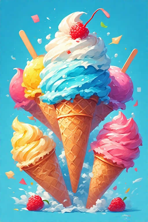 blue yellow pink and white, waffle cones, cherries, SD Phone Wallpaper
