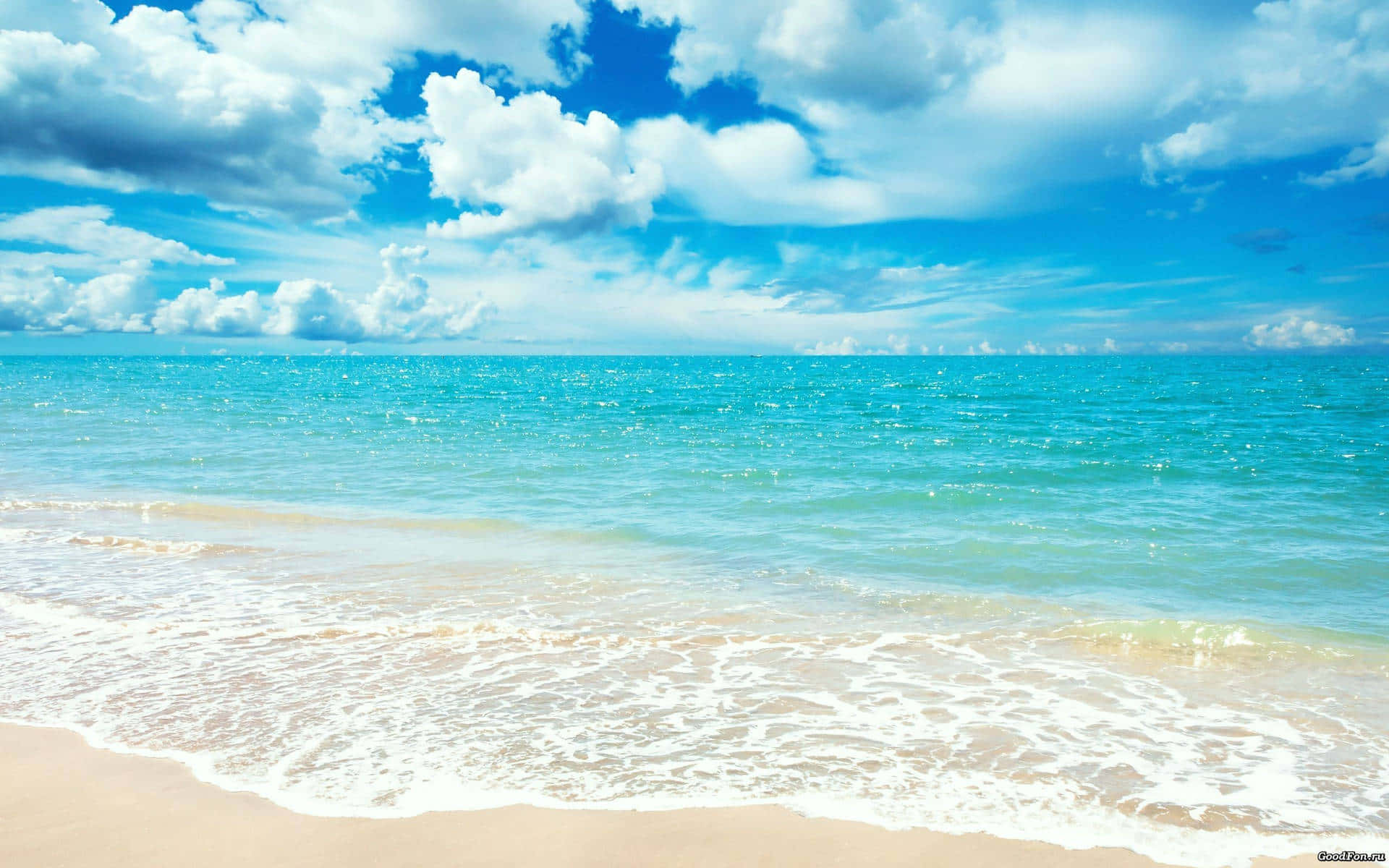 Summertime, turquoise waves, golden sandy beach, Full HD Desktop Wallpaper