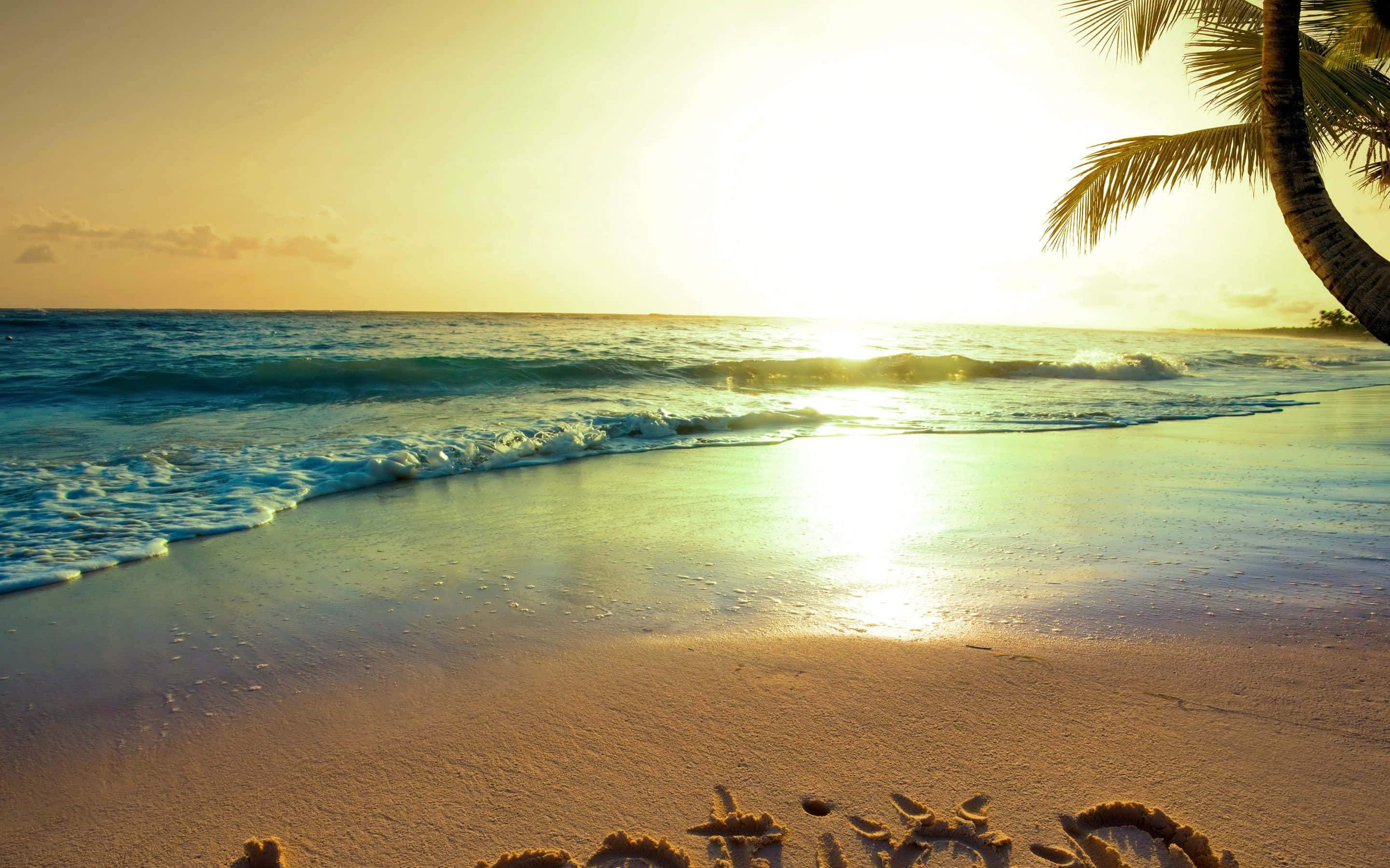Golden sunset, turquoise waves, sandy beach, 2K Desktop Wallpaper