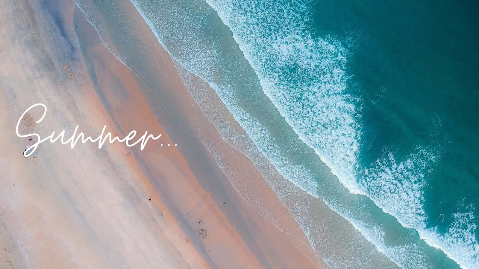 turquoise waves, sandy beach, summer scripted in white, HD Desktop Wallpaper