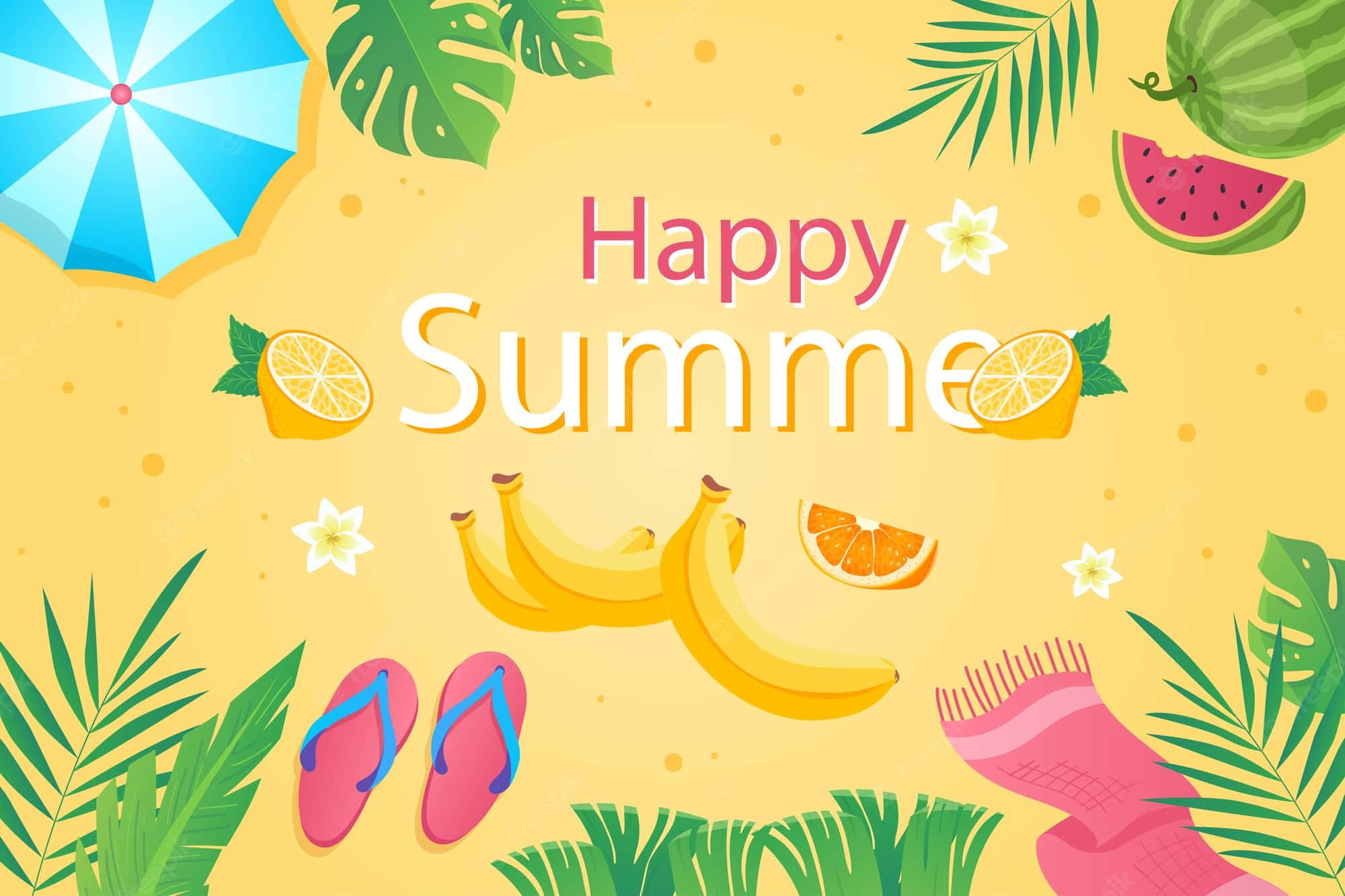 Happy Summer Fun, sunny yellow background, bananas, Full HD Desktop Wallpaper