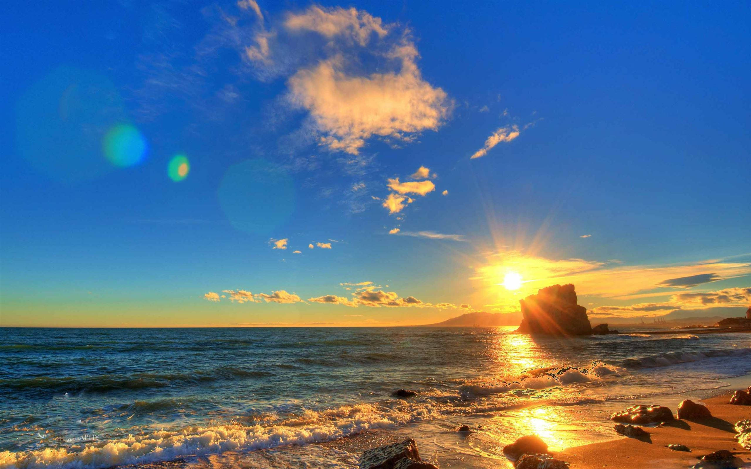 4K Summer Sunlight, Golden sunset, ocean waves, 2K Desktop Wallpaper