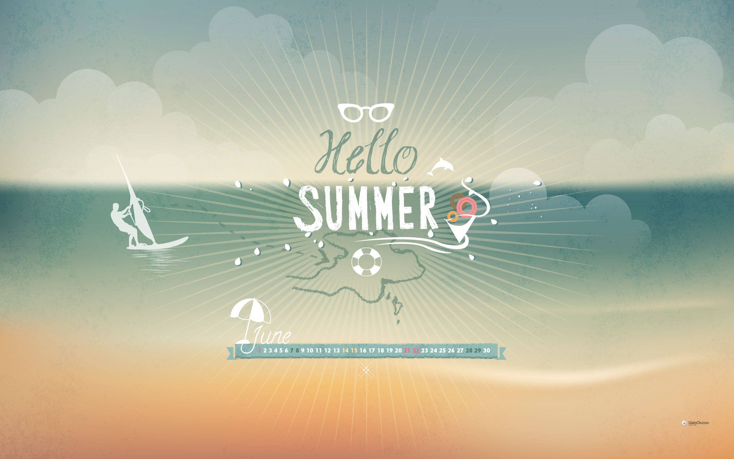 windsurfer silhouette, sunglasses, June calendar, 2K Desktop Wallpaper