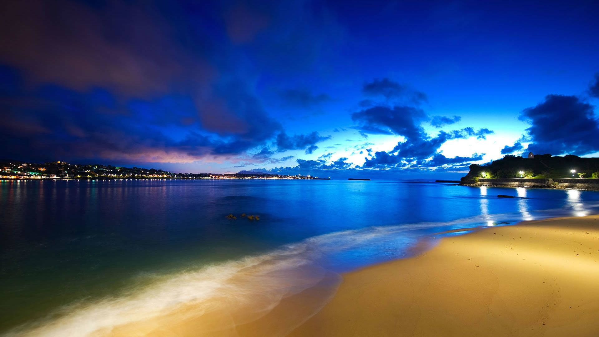 twilight beach, golden sand, calm blue waters, Full HD Desktop Wallpaper