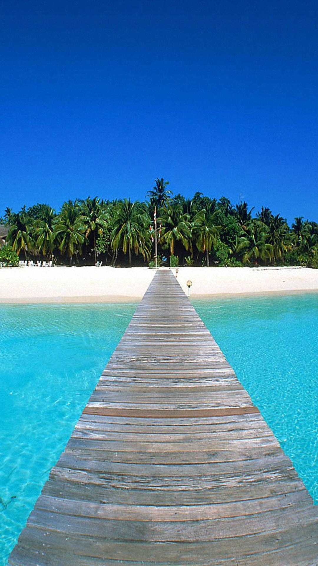 wooden pier, white sandy beach, lush palm trees, Full HD Phone Wallpaper