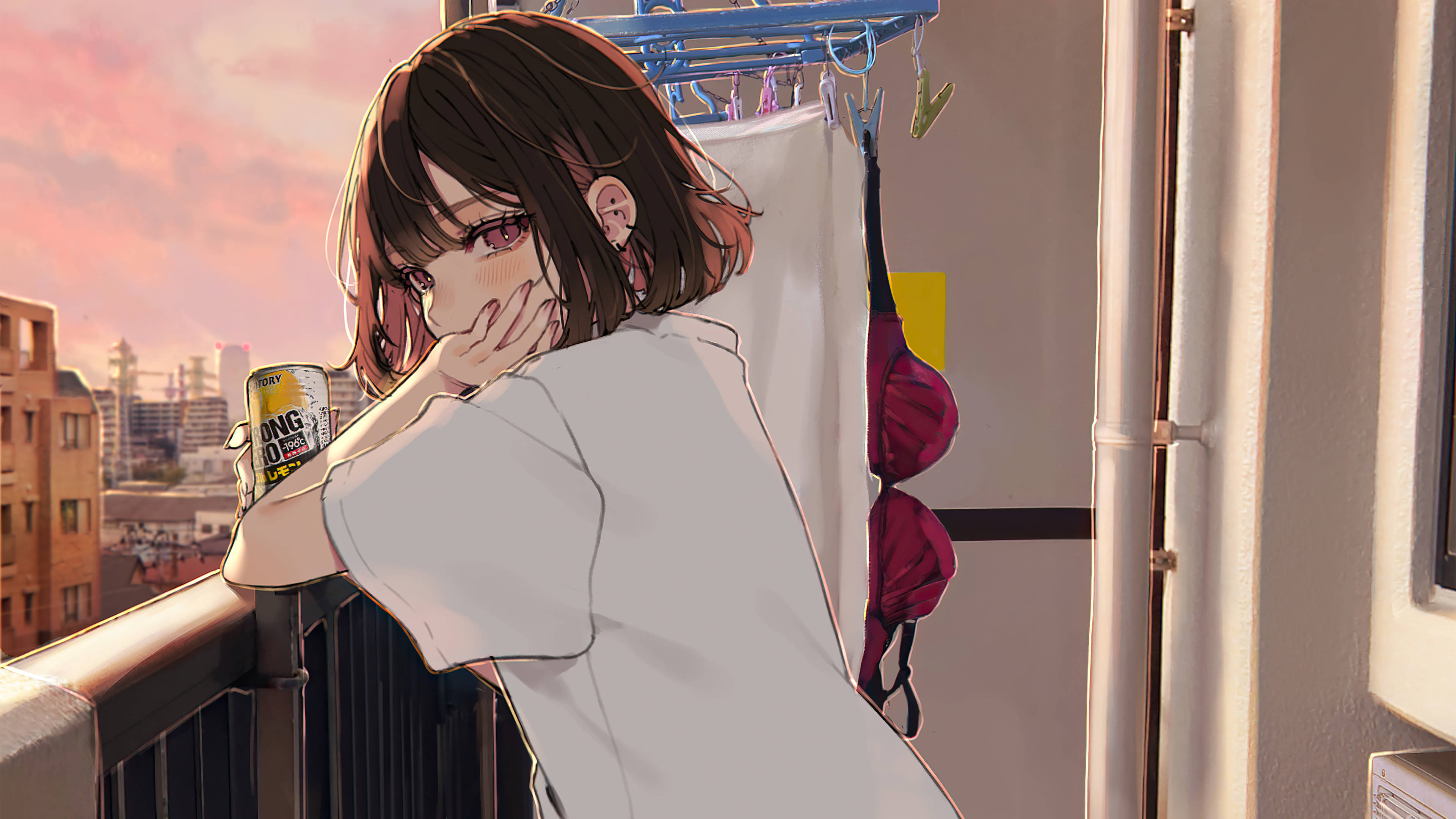 anime girl, brown hair, balcony railing, 4K Desktop Wallpaper