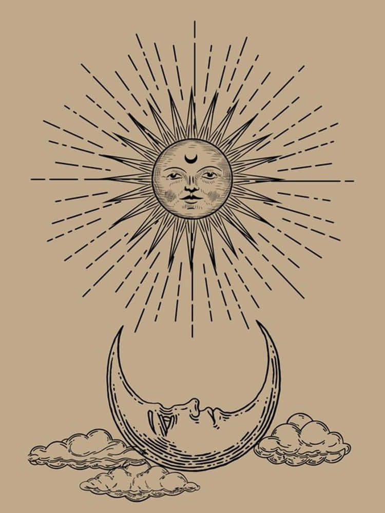 Sun and Moon Embracing the Sky, beige background, stylized sun with a face, SD Phone Wallpaper