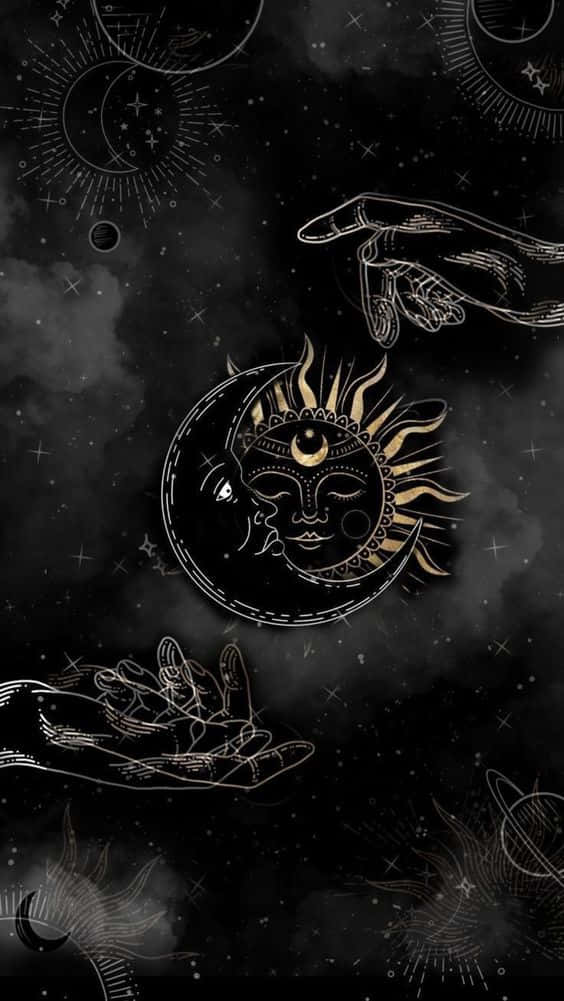 Sun And Moon Aesthetic, golden sun moon face, cosmic symbols, SD Phone Wallpaper
