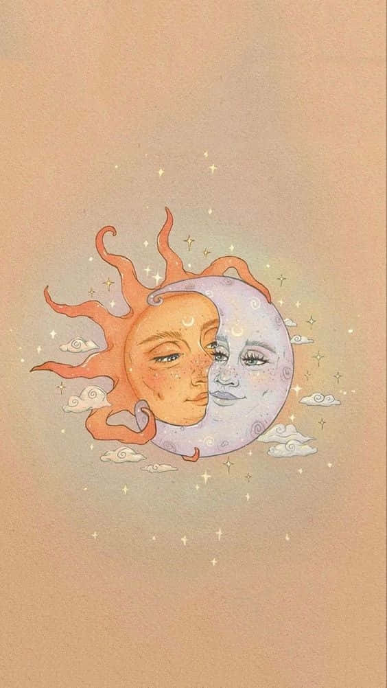 Sun and Moon Aesthetic, watercolor illustration, sun and moon with human faces, SD Phone Wallpaper