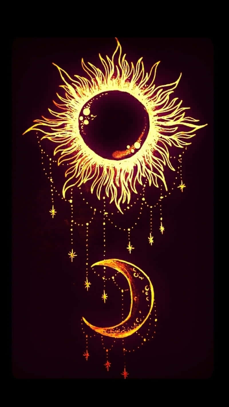 Bohemian Sun Moon Art, golden sun, fiery rays, HD Phone Wallpaper