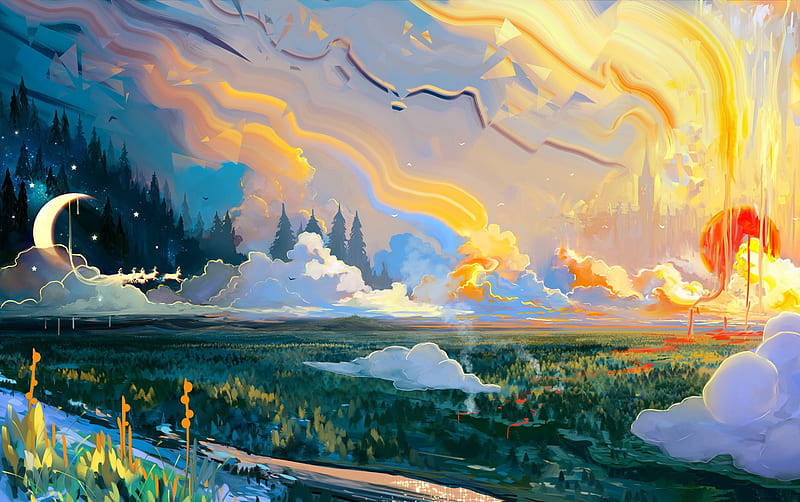 Sun And Moon Aesthetic, crescent moon, fiery sun, SD Desktop Wallpaper