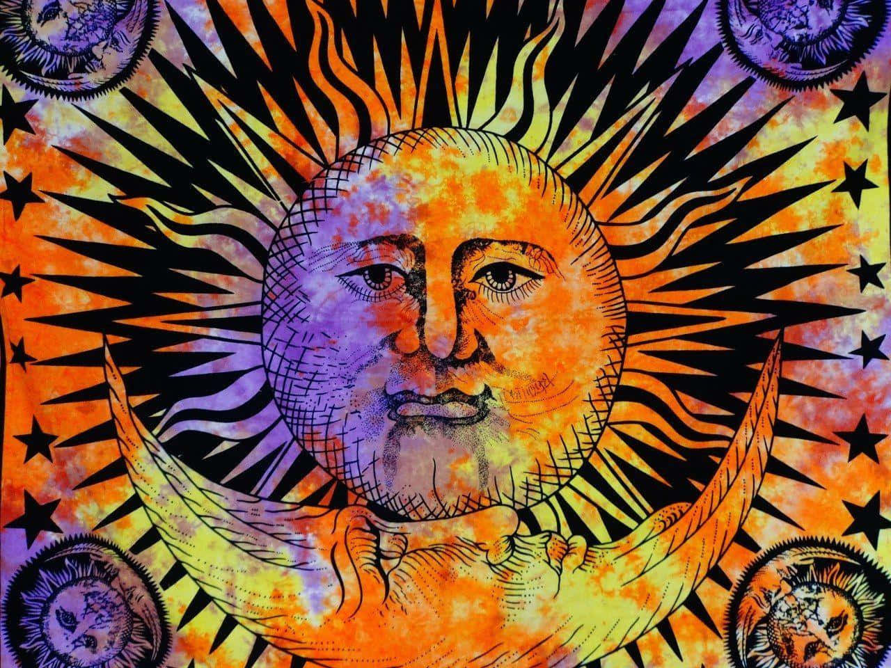 psychedelic sun, human face, fiery orange rays, HD Desktop Wallpaper