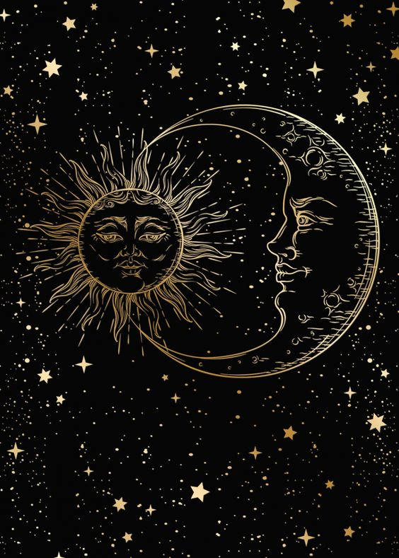 Moon And Sun Spiritual Art, golden sun, golden moon, SD Phone Wallpaper