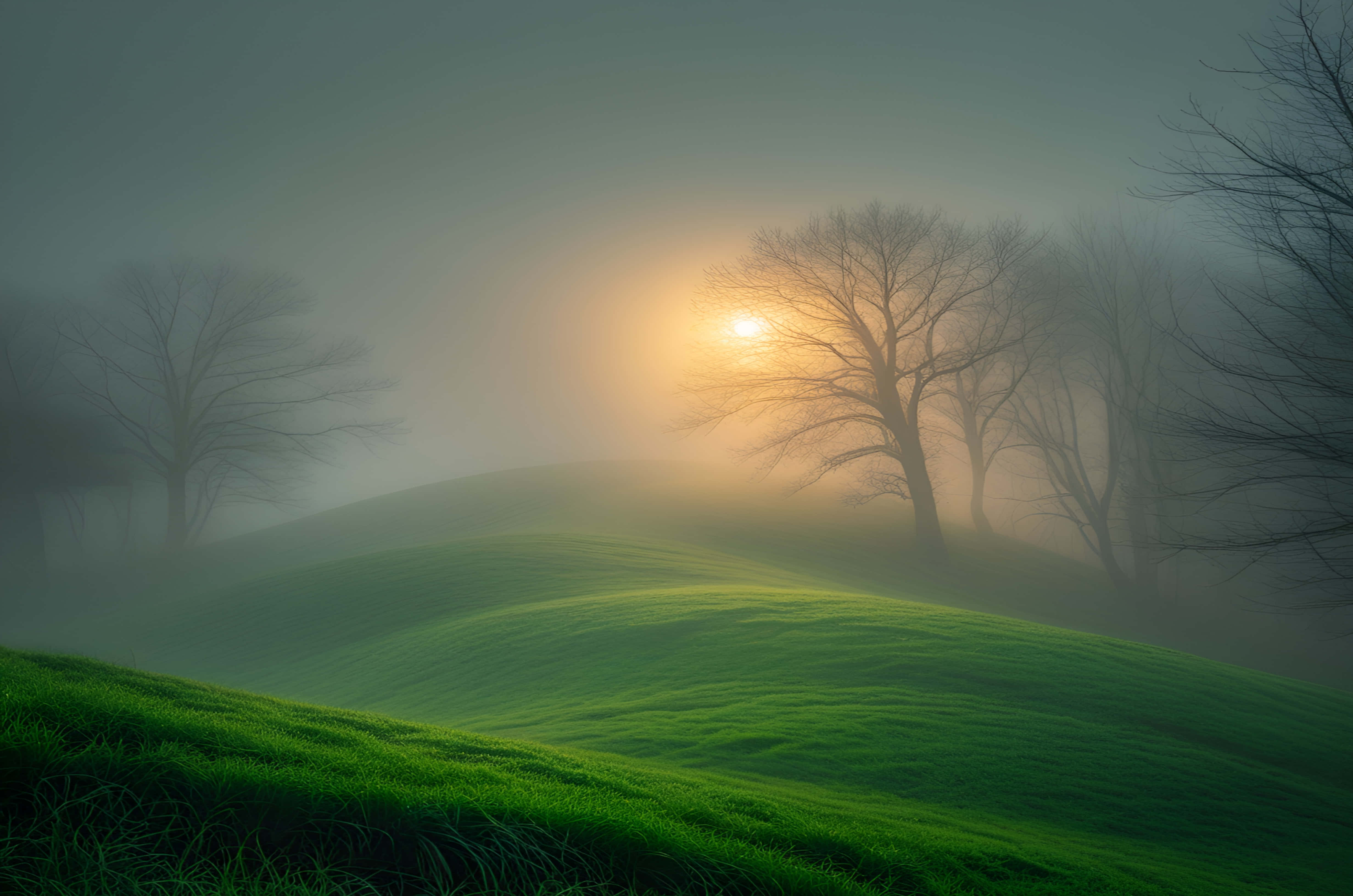 sunset, misty dawn, rolling green hills, 4K Desktop Wallpaper