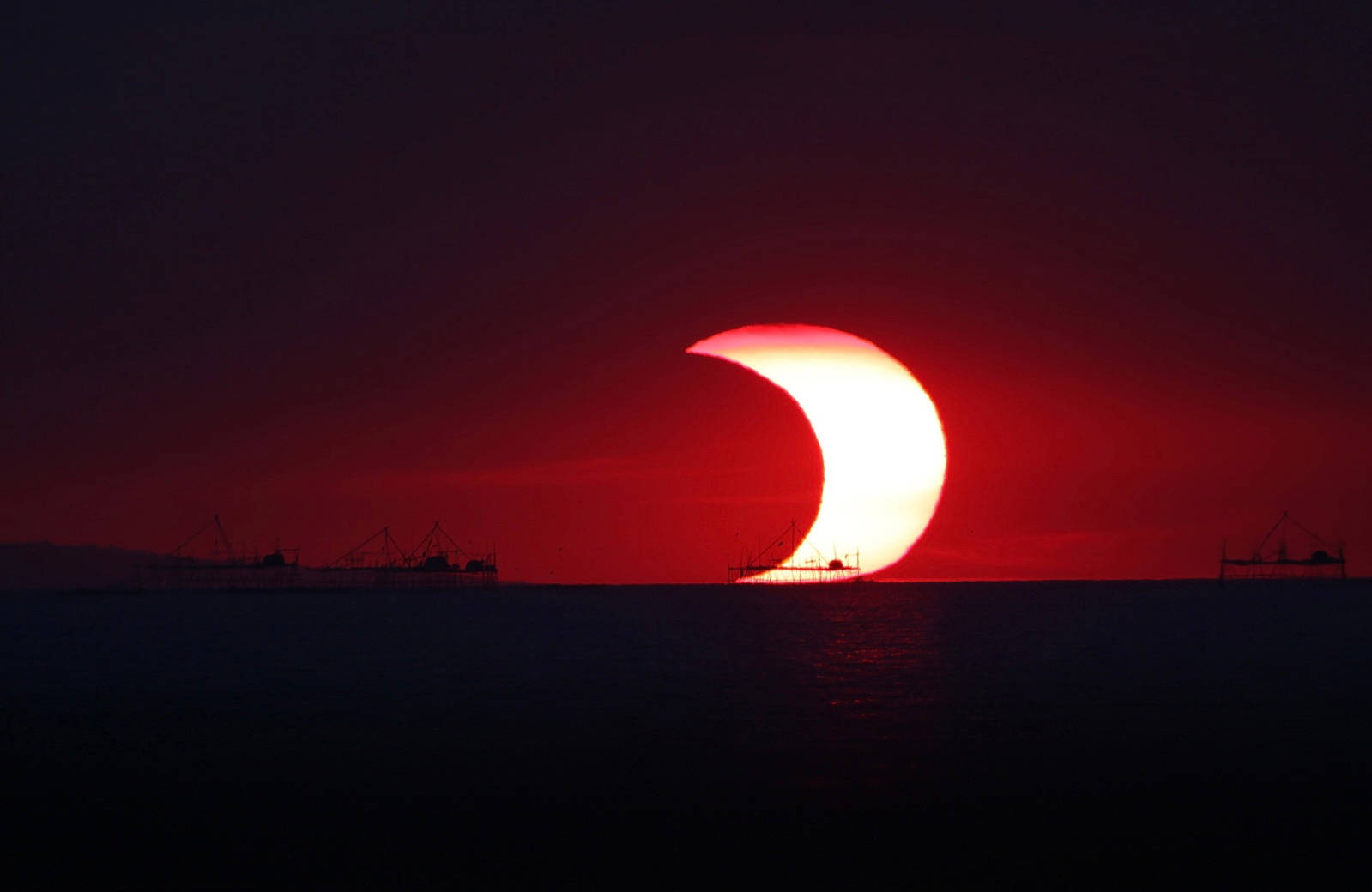Sun And Moon, red sky, crescent sun, HD Desktop Wallpaper