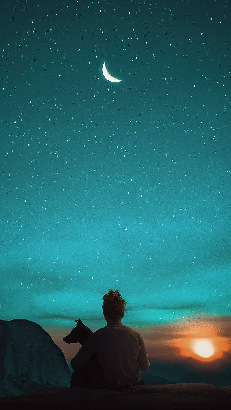 crescent moon, starry teal sky, sun set, HD Phone Wallpaper