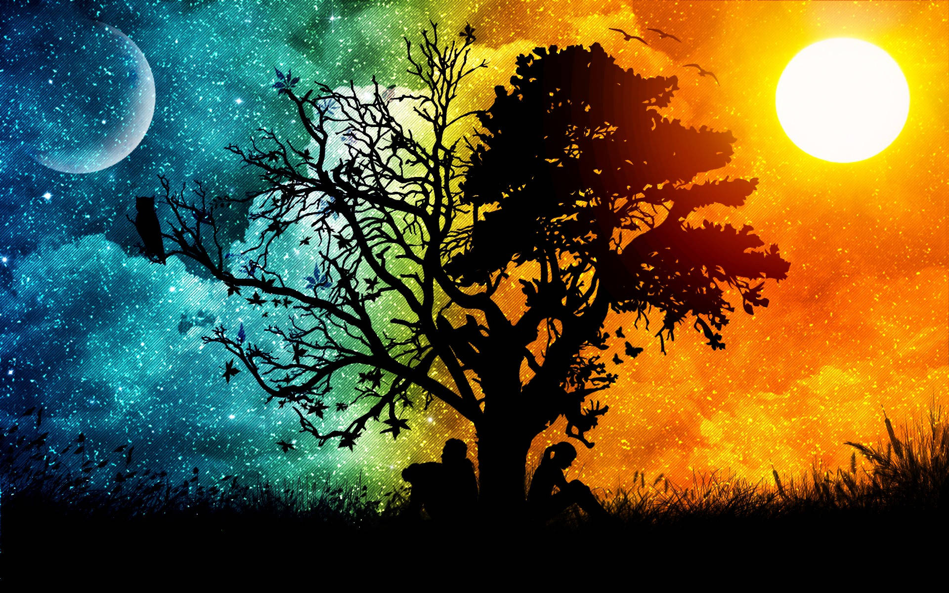 Sun And Moon, tree silhouette, vibrant sunset, Full HD Desktop Wallpaper